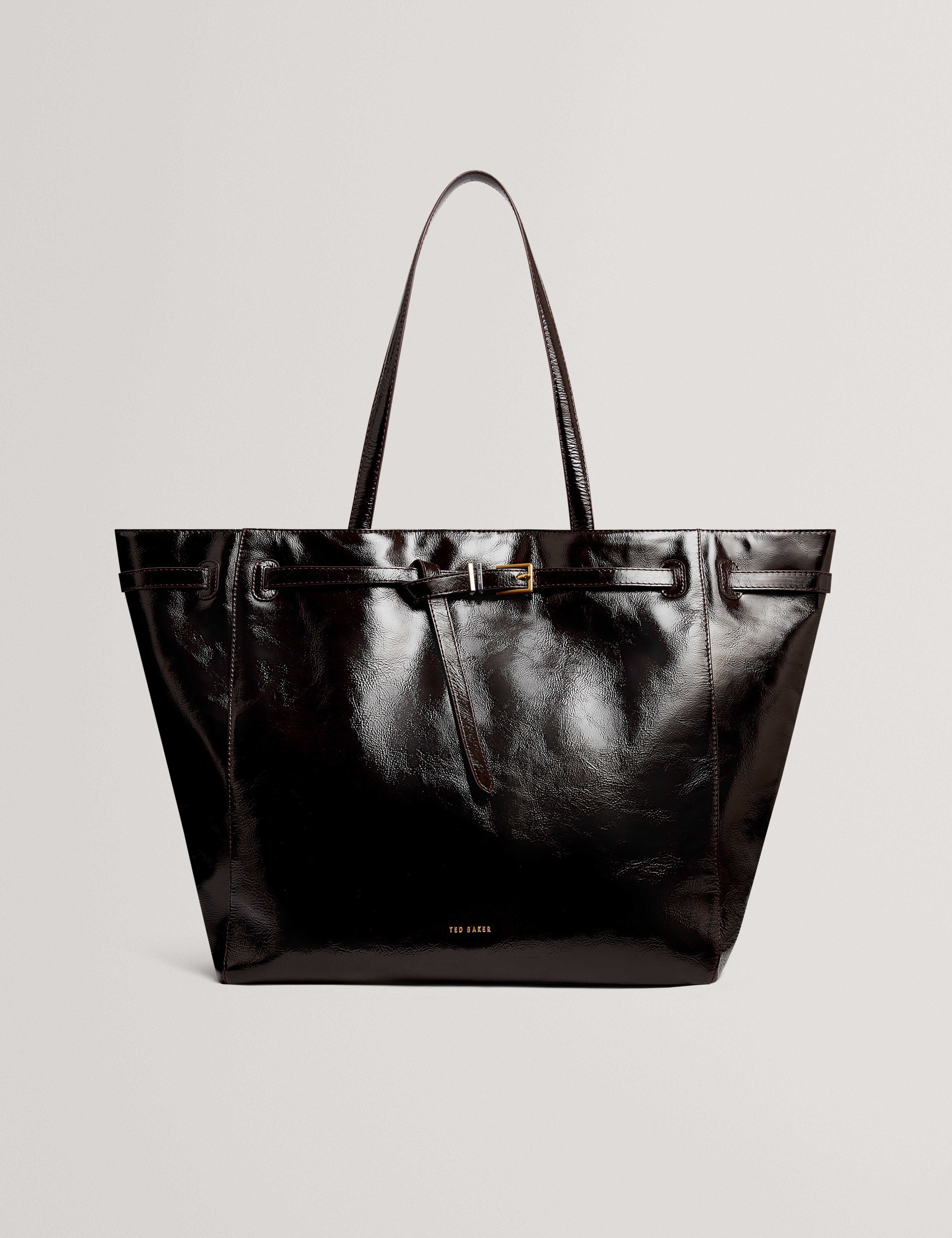 Ccarmen Crinkle Patent Belted Detail Tote Bag Brn-Choc