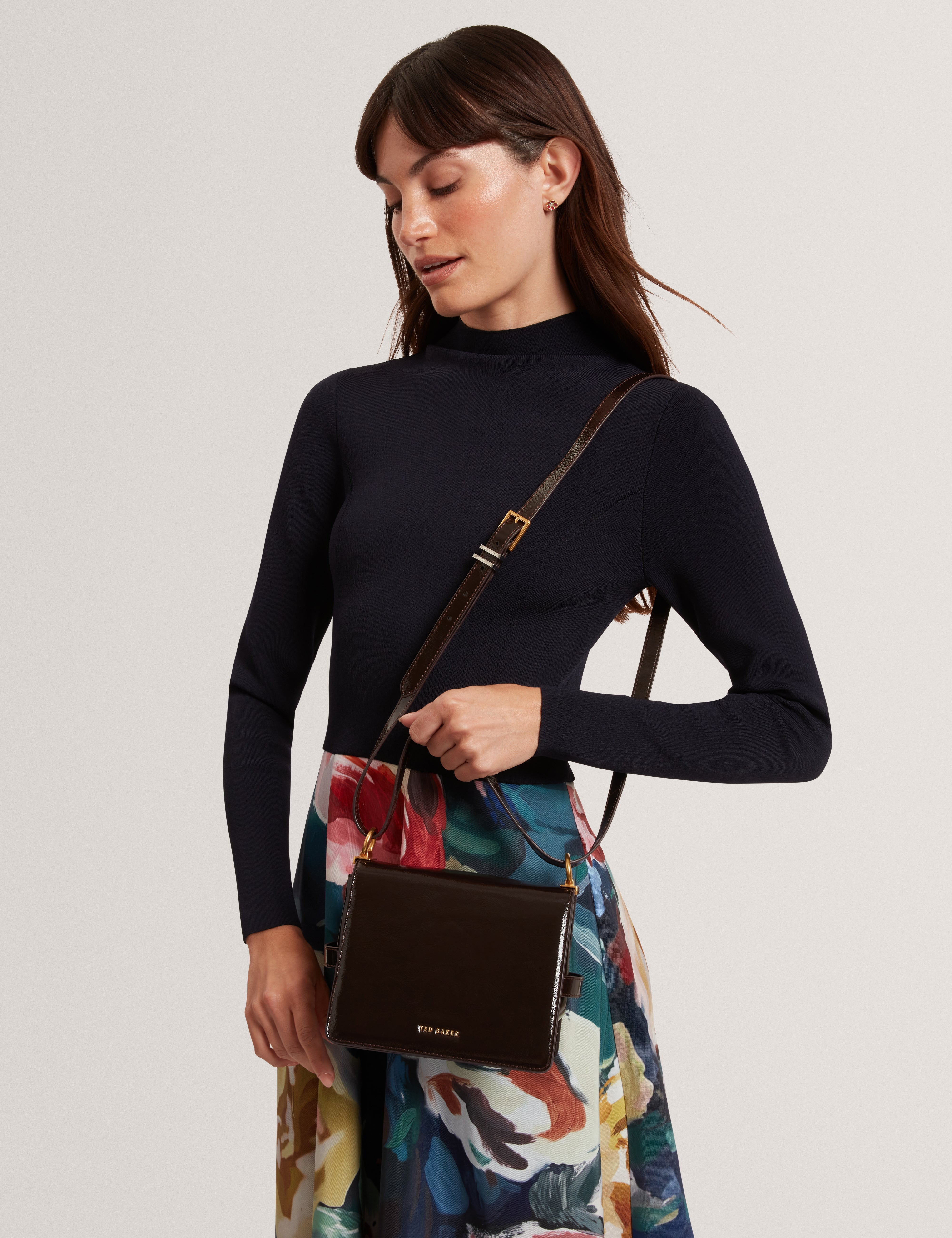 Ccamil Crinkle Patent Belted Detail Crossbody Brn-Choc