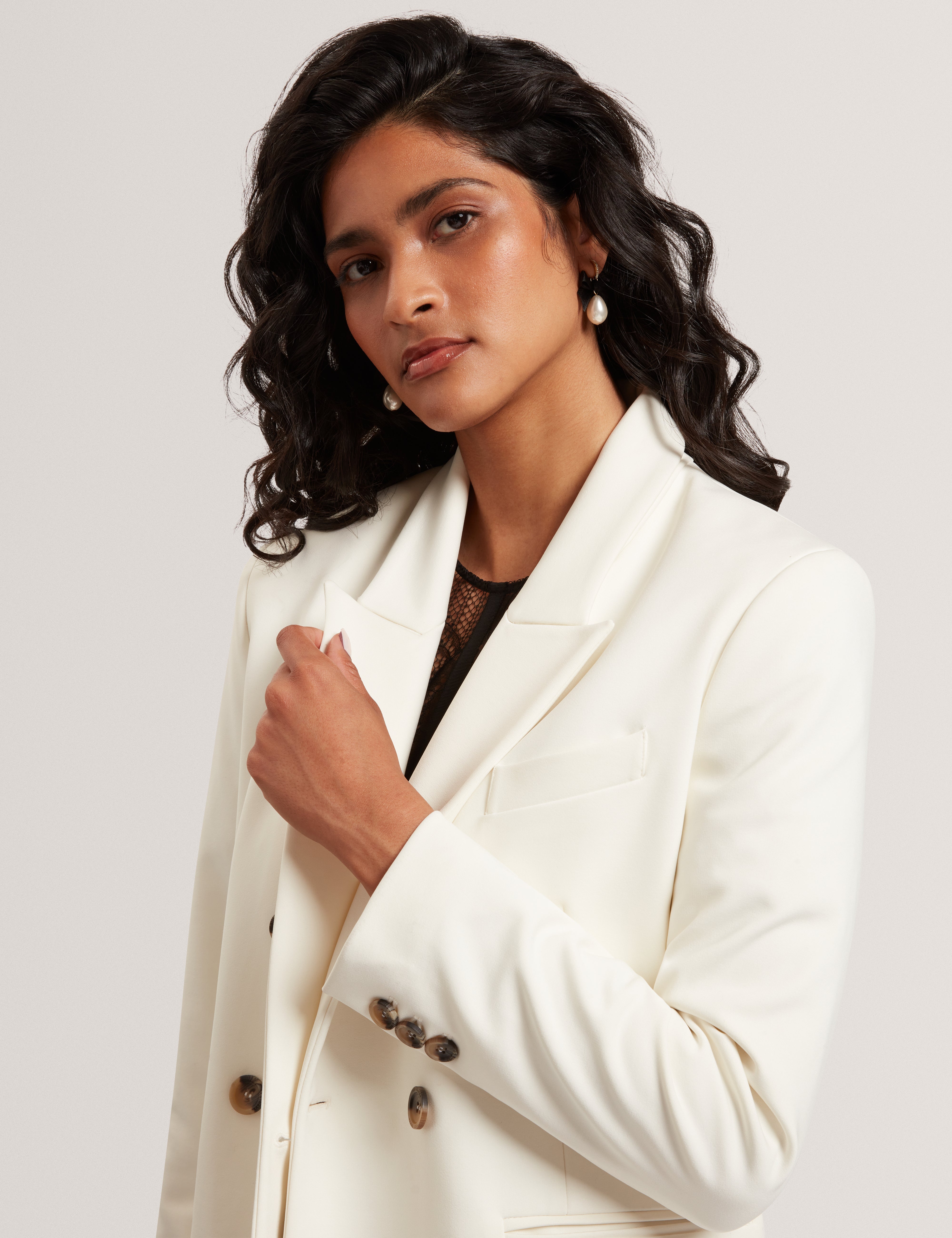 Pawlyn Tailored Ponte Double Breasted Blazer Ivory
