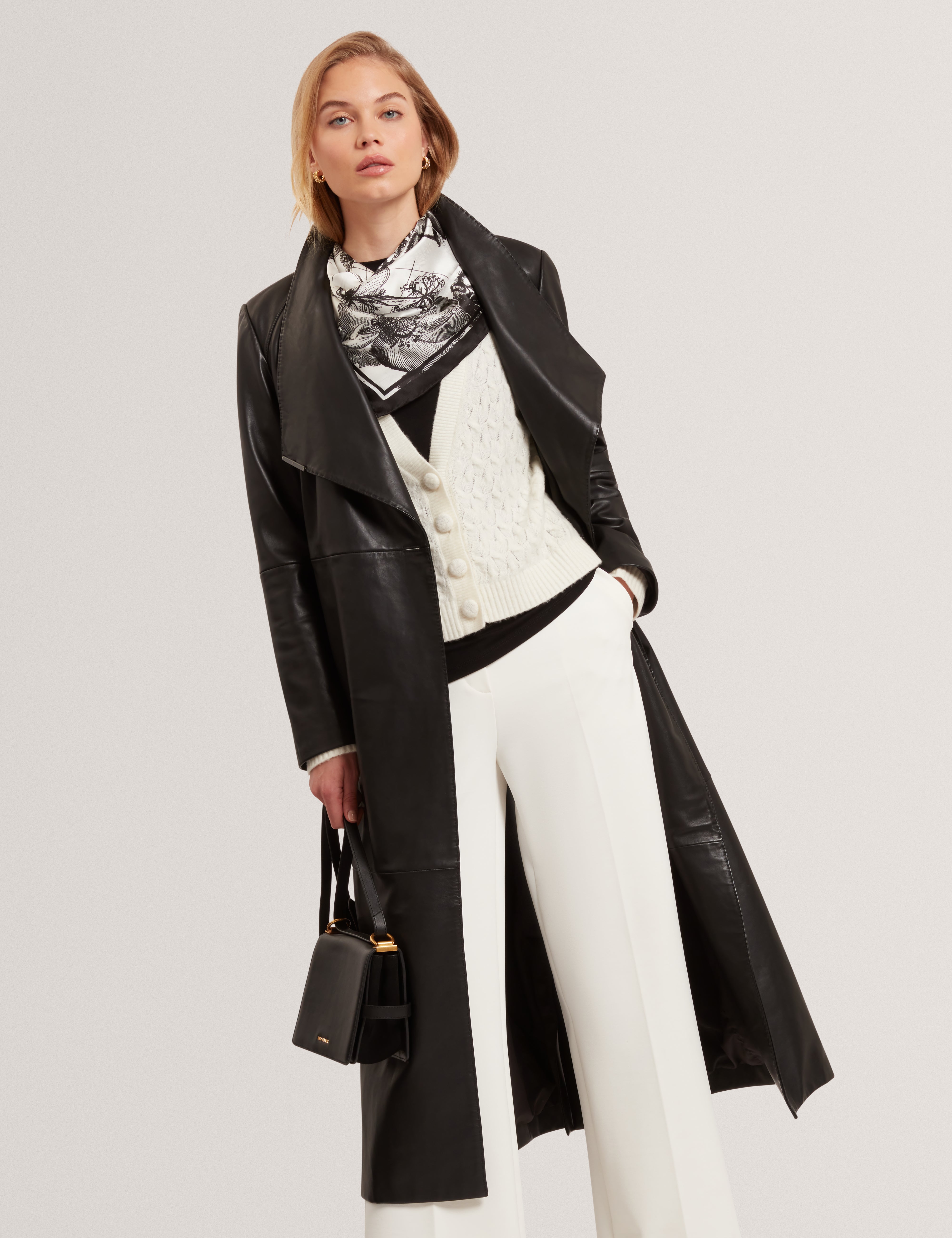 Rosello Long Length Leather Wrap Coat Black