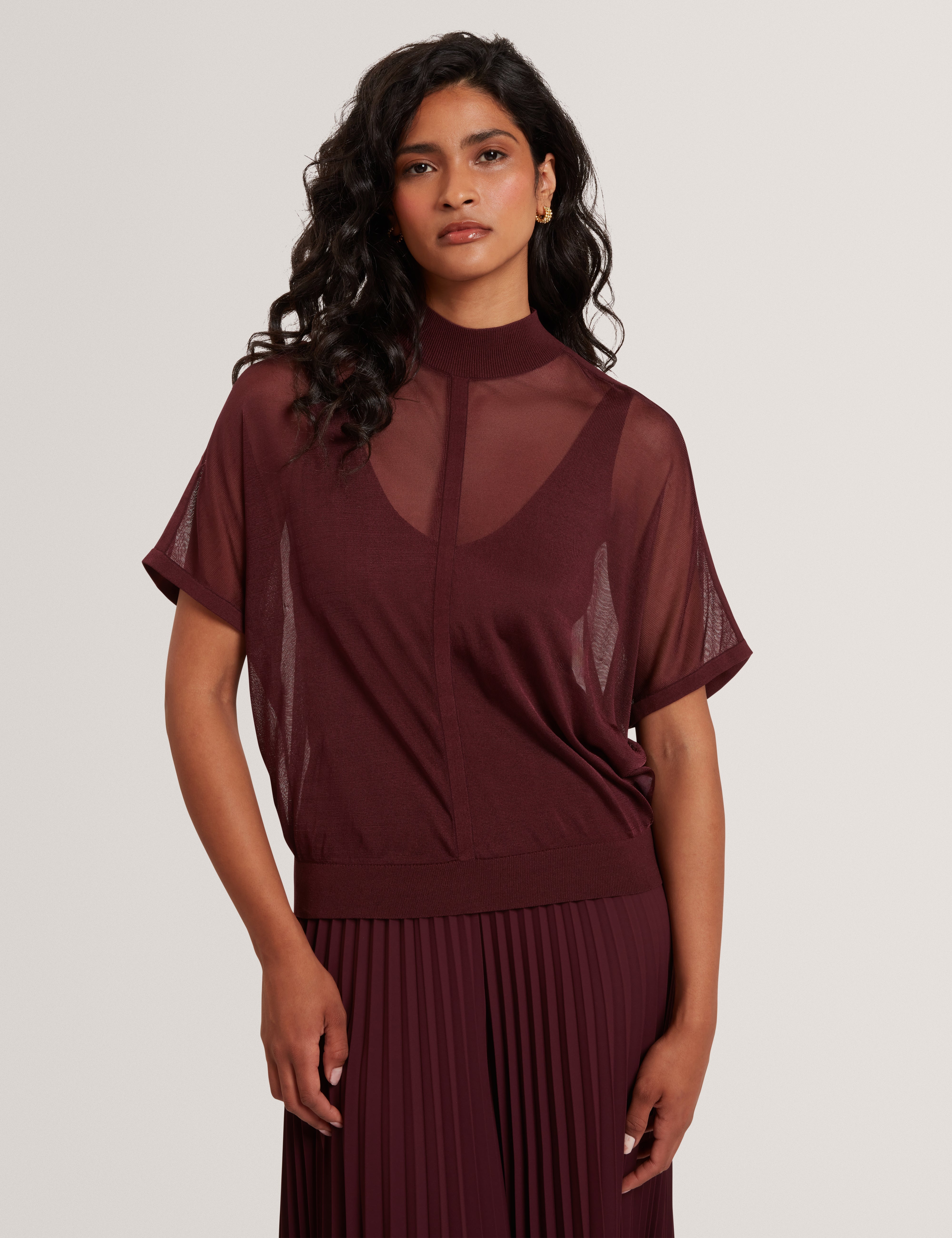 Ibissa Knitted Top With Sheer Detailing Oxblood