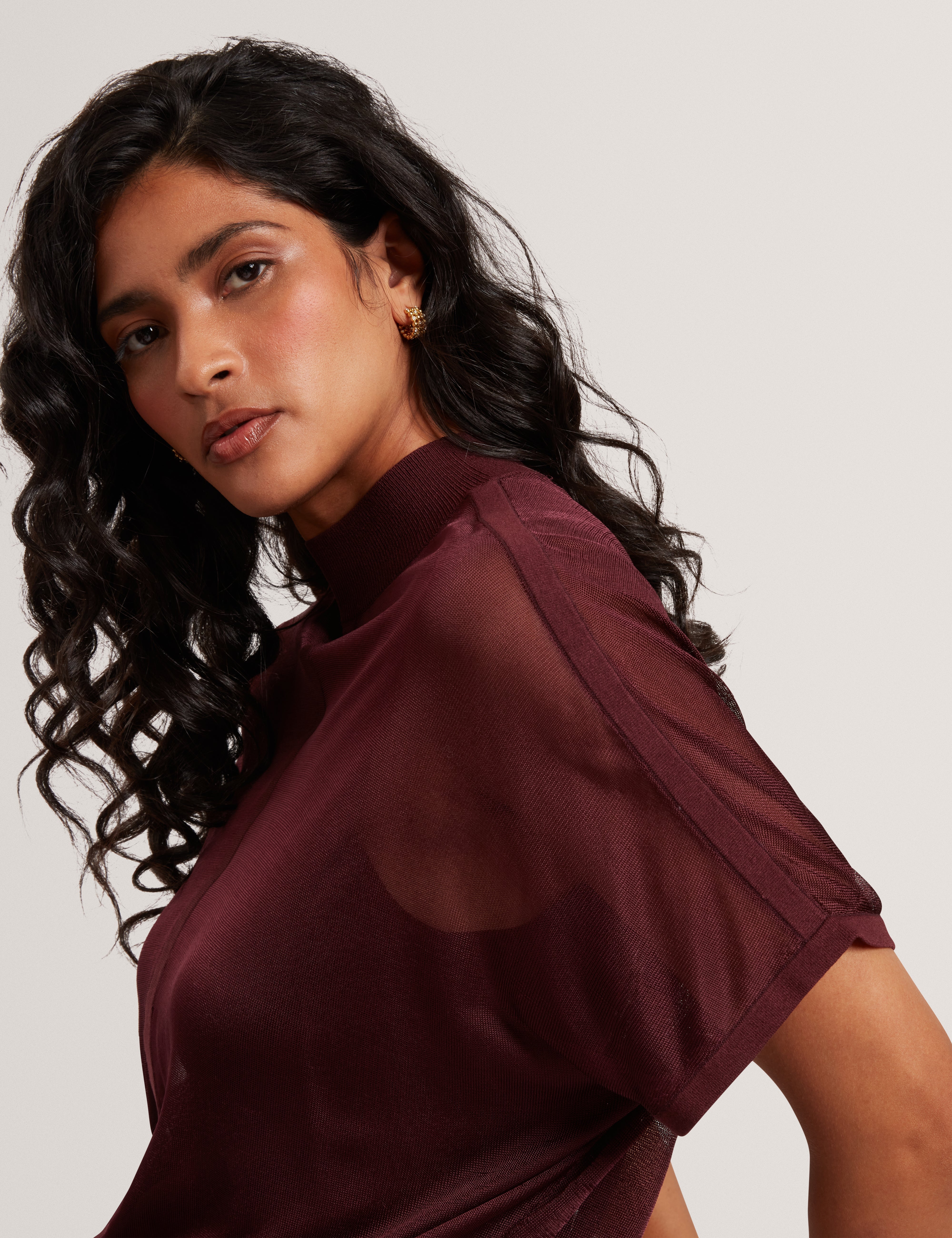 Ibissa Knitted Top With Sheer Detailing Oxblood