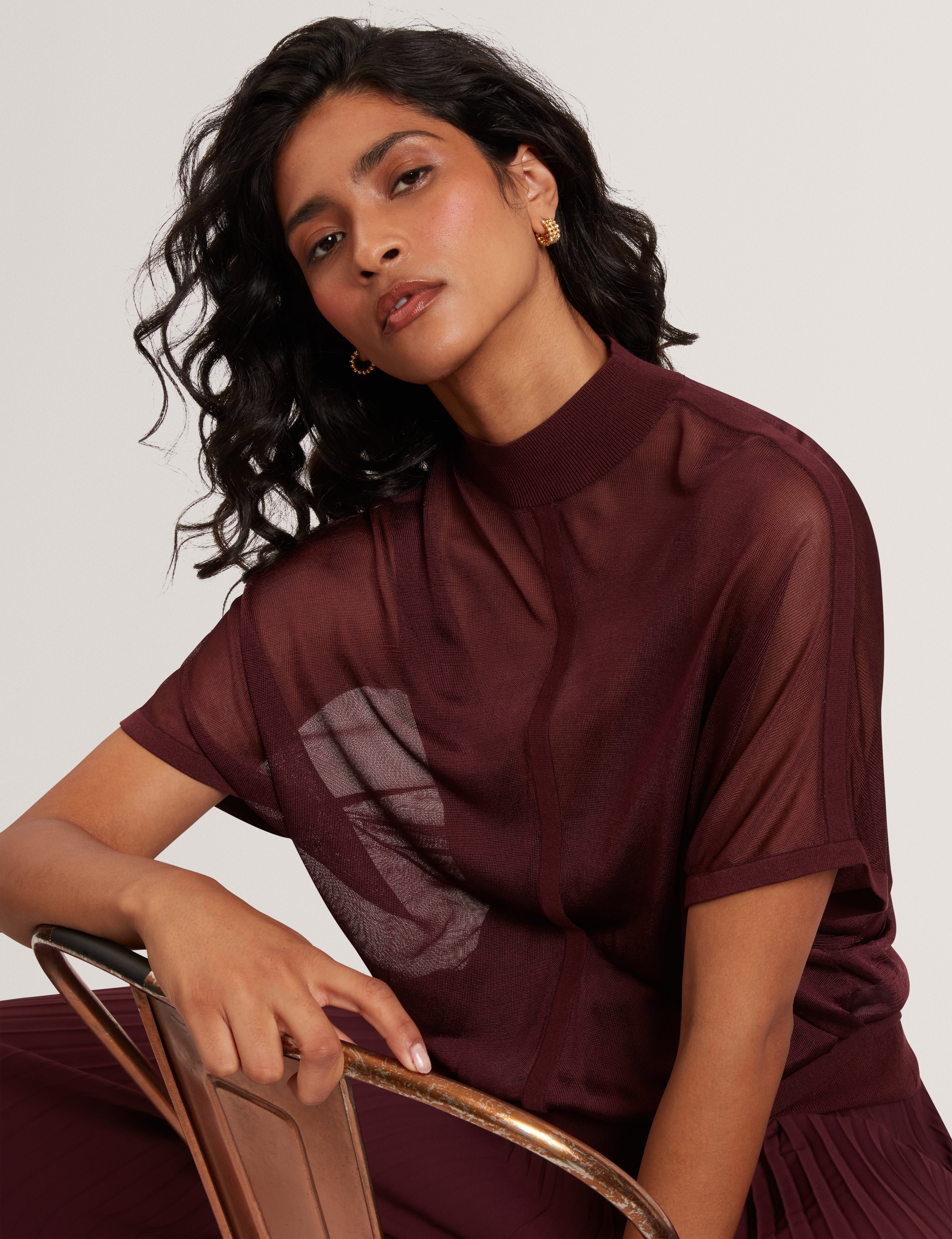 Ibissa Knitted Top With Sheer Detailing Oxblood