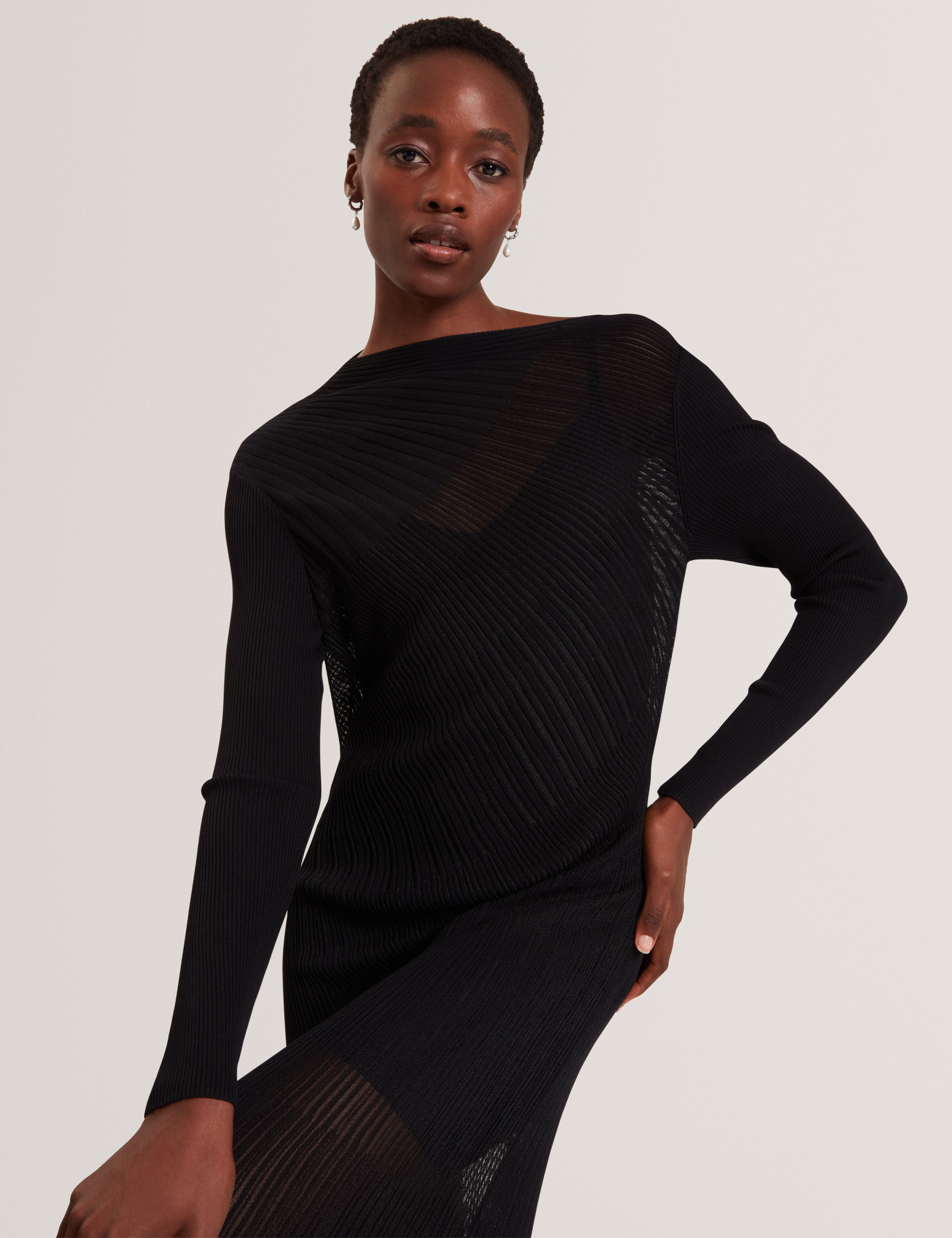 Occasa Long Sleeve Sheer Detail Knitted Midi Dress Black
