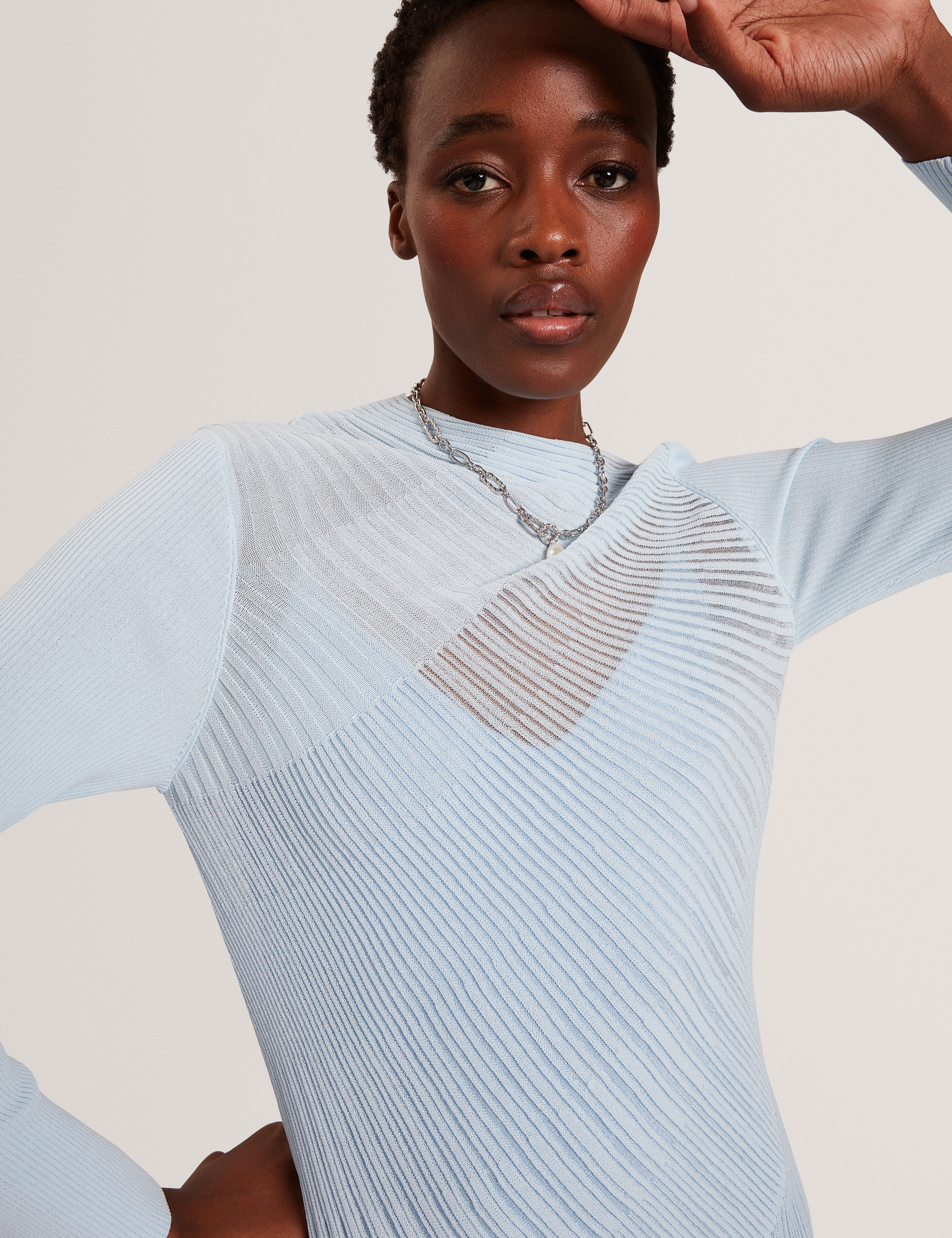 Occasa Long Sleeve Sheer Detail Knitted Midi Dress Pl-Blue