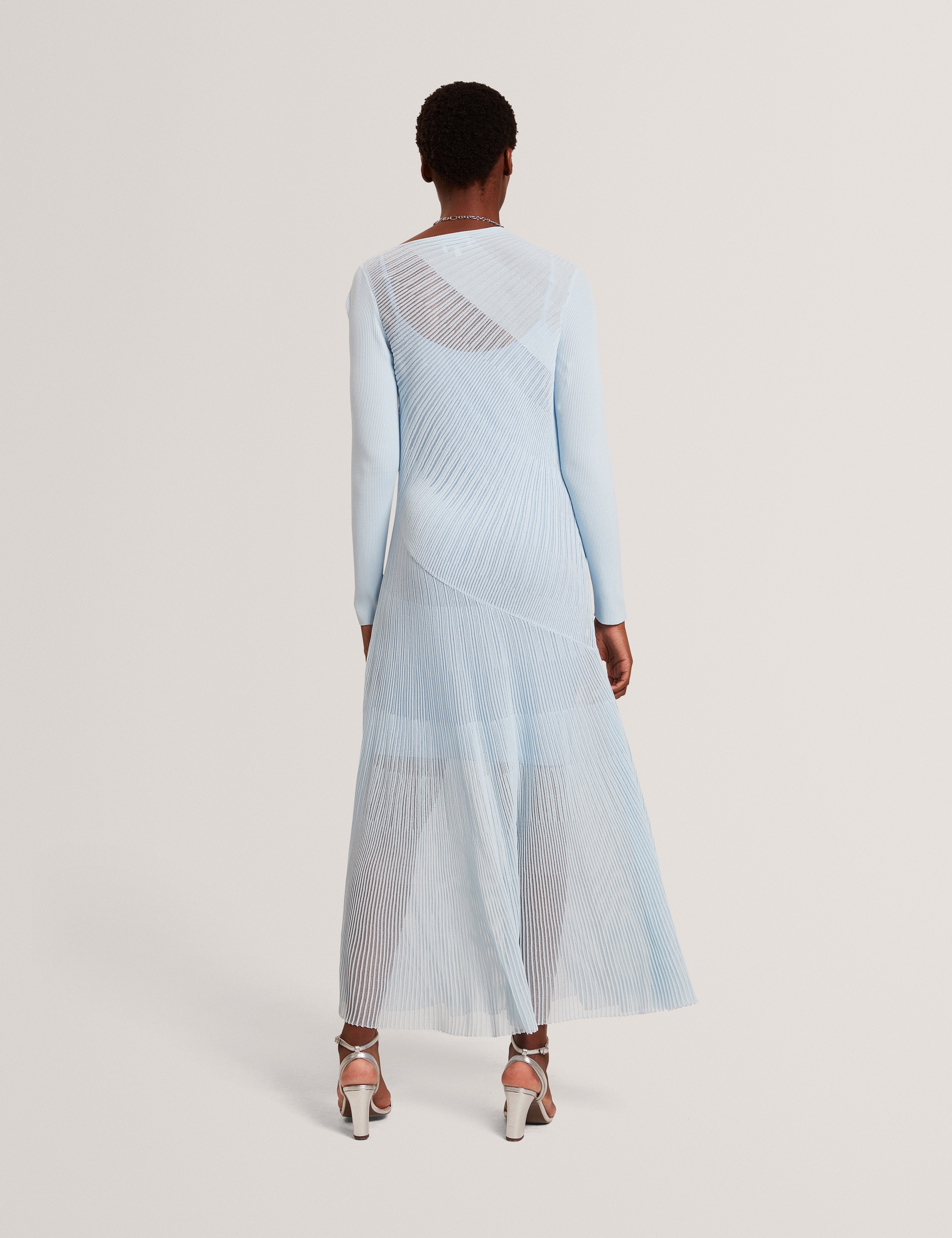 Occasa Long Sleeve Sheer Detail Knitted Midi Dress Pl-Blue