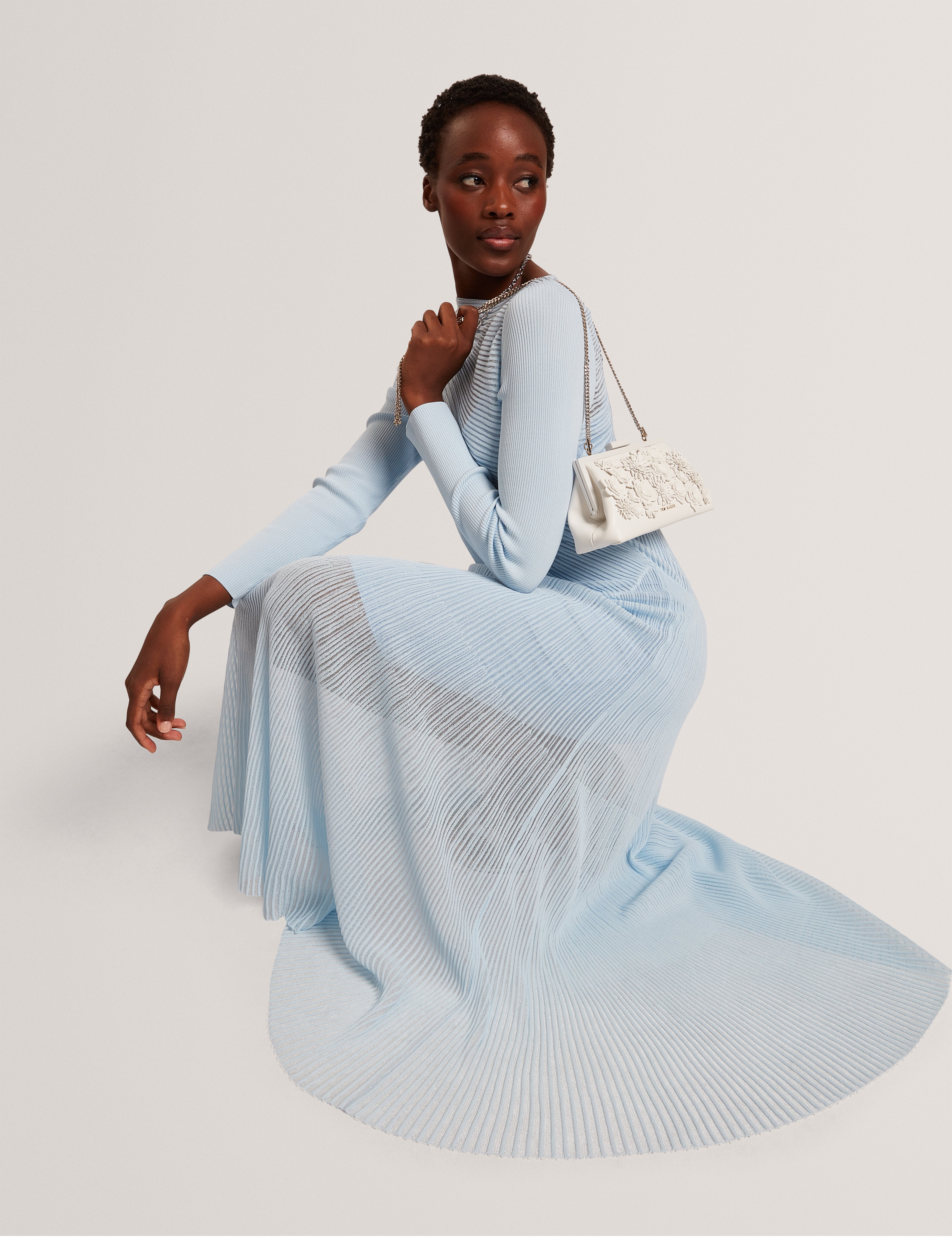 Occasa Long Sleeve Sheer Detail Knitted Midi Dress Pl-Blue