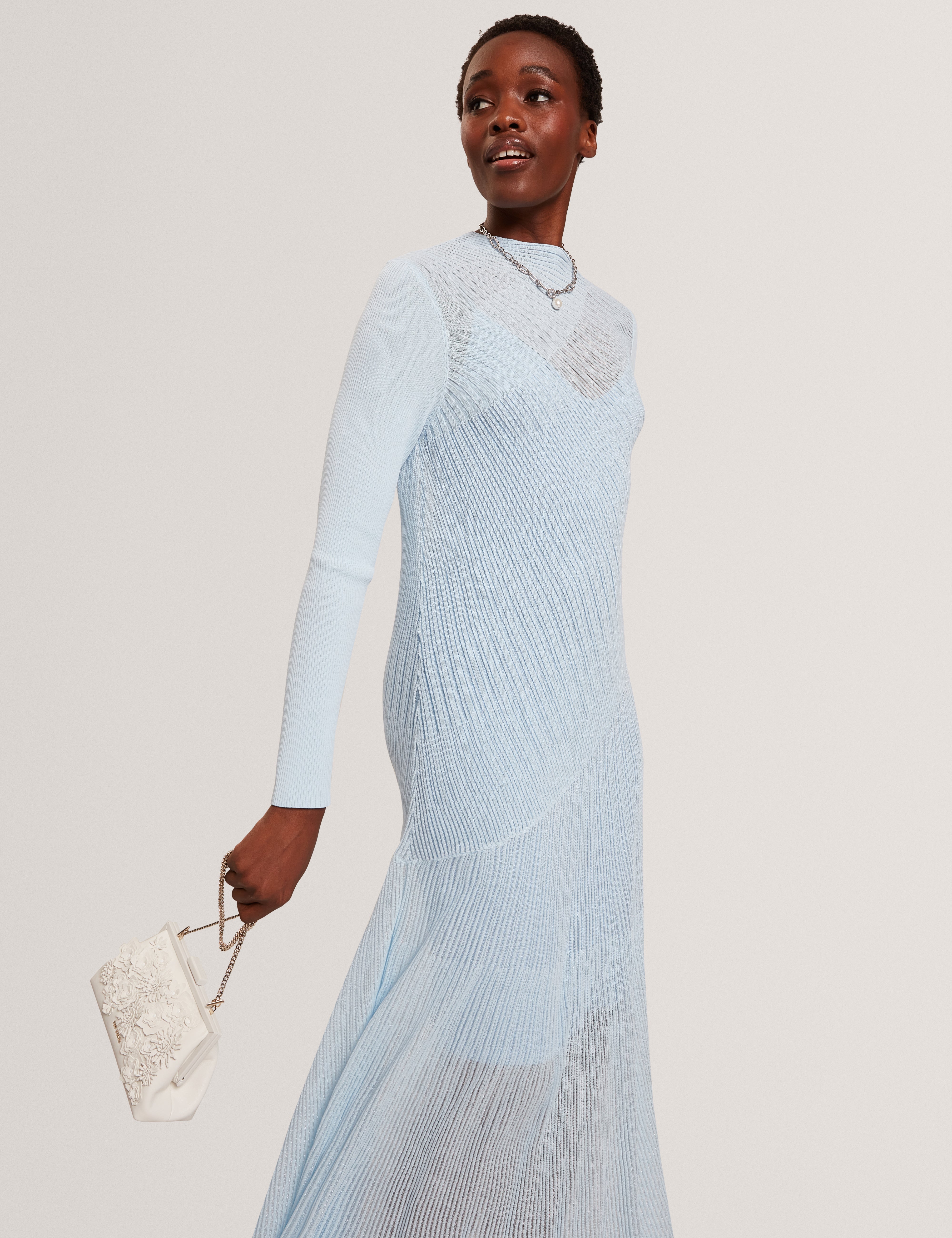 Occasa Long Sleeve Sheer Detail Knitted Midi Dress Pl-Blue