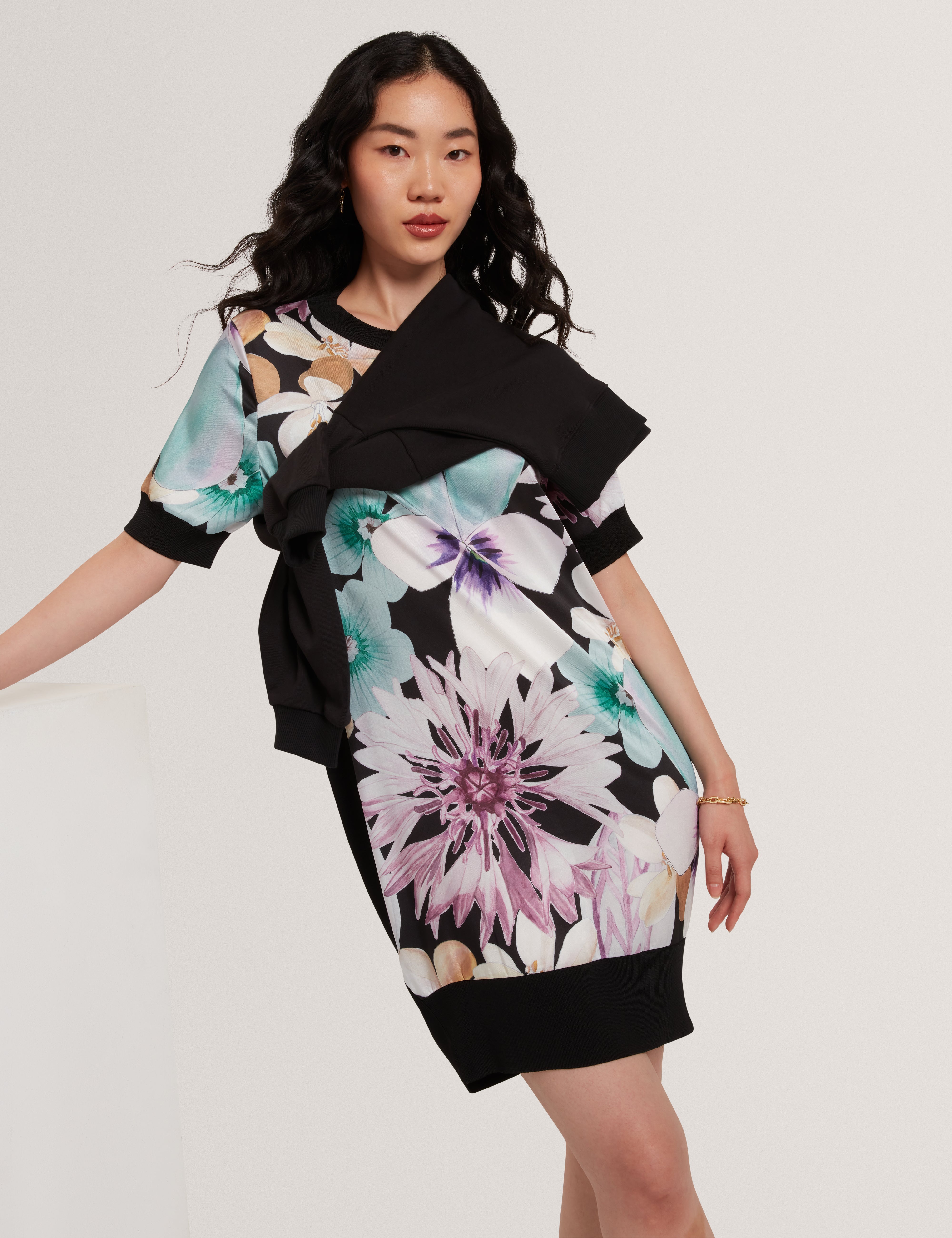 Maala Printed Woven Front Boxy Dress Black