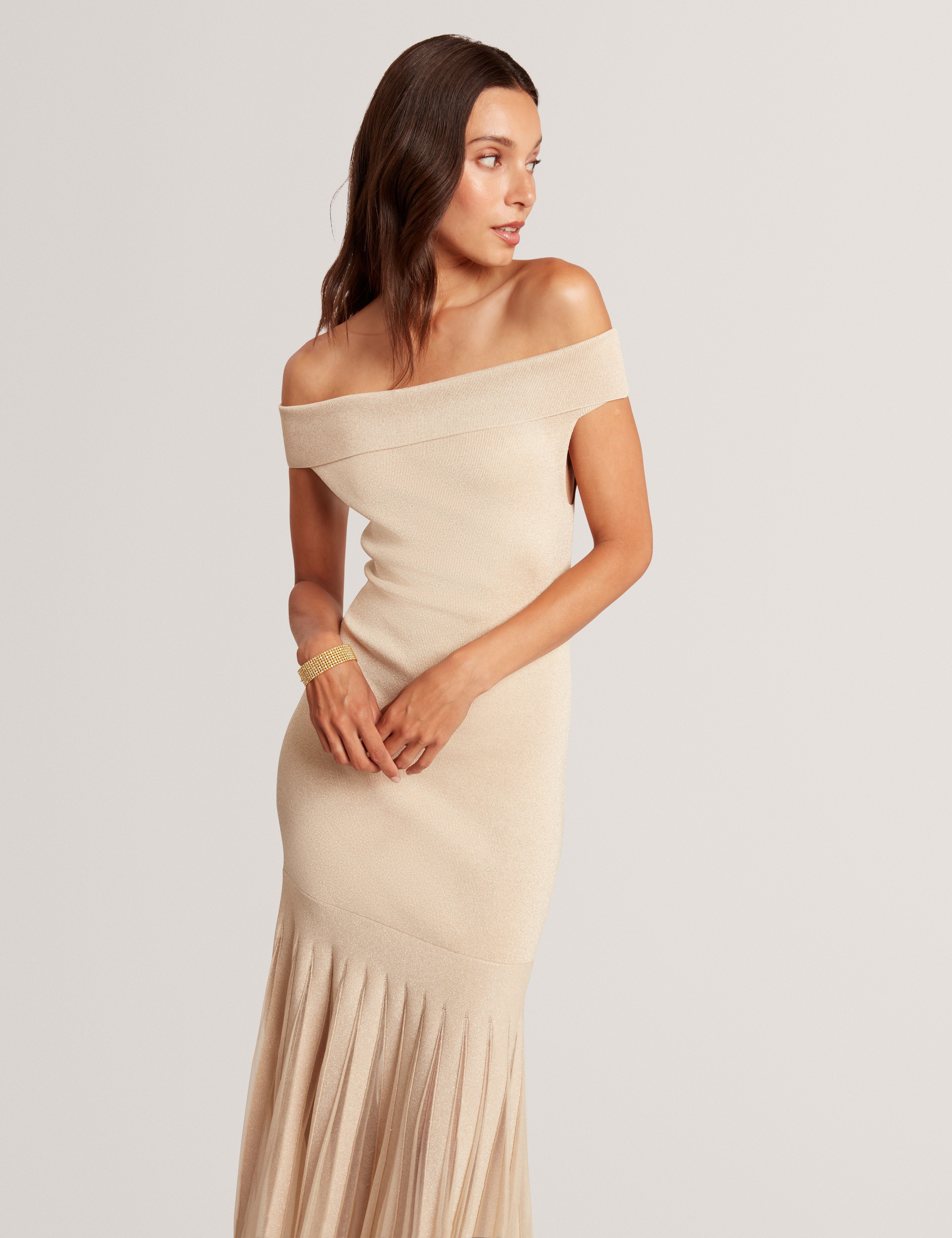 Rylla Off The Shoulder Knitted Maxi Dress Natural