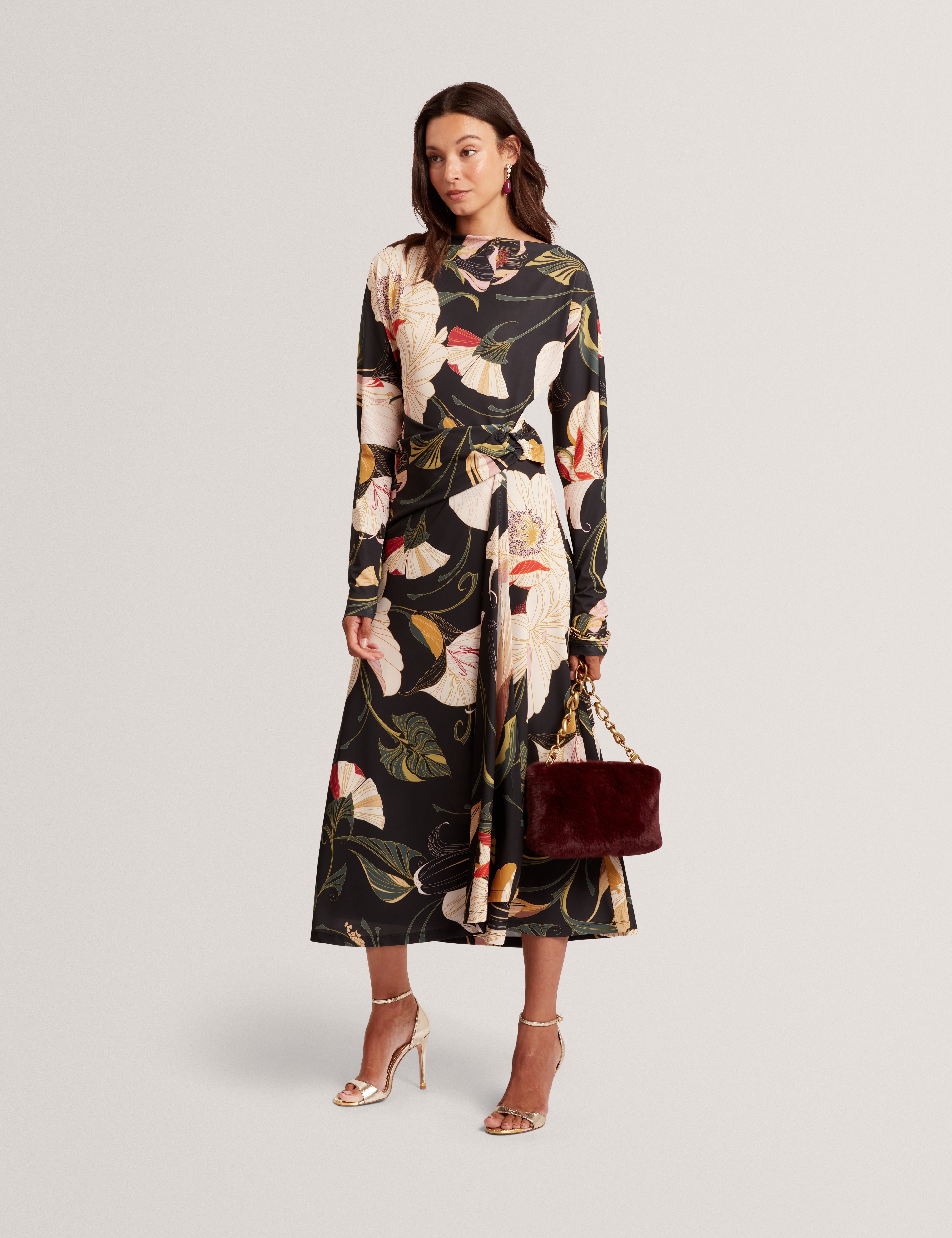 Lawria Print Wrap Midi Dress Black