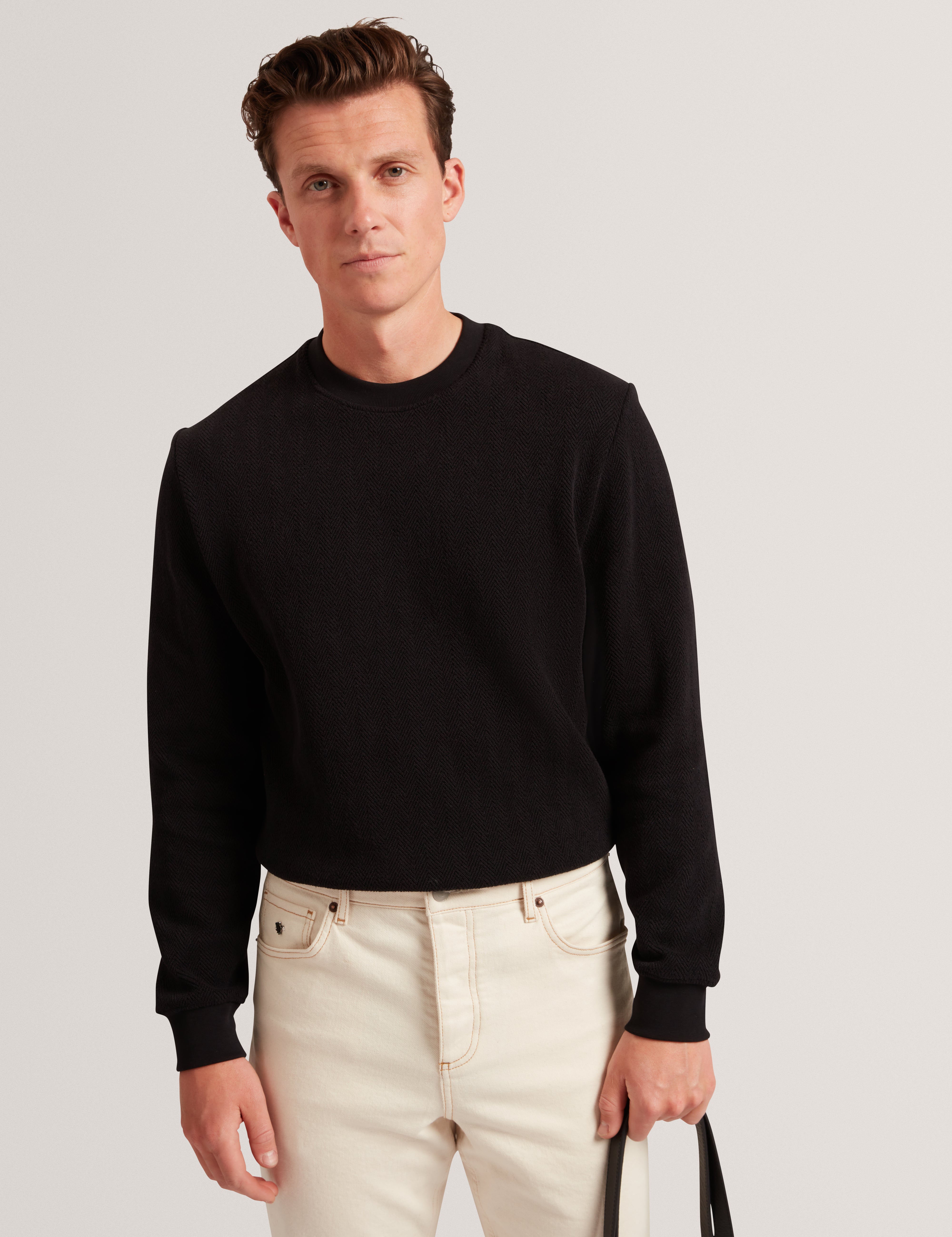 Elates Herringbone Texture Crew Neck Sweatshirt Black