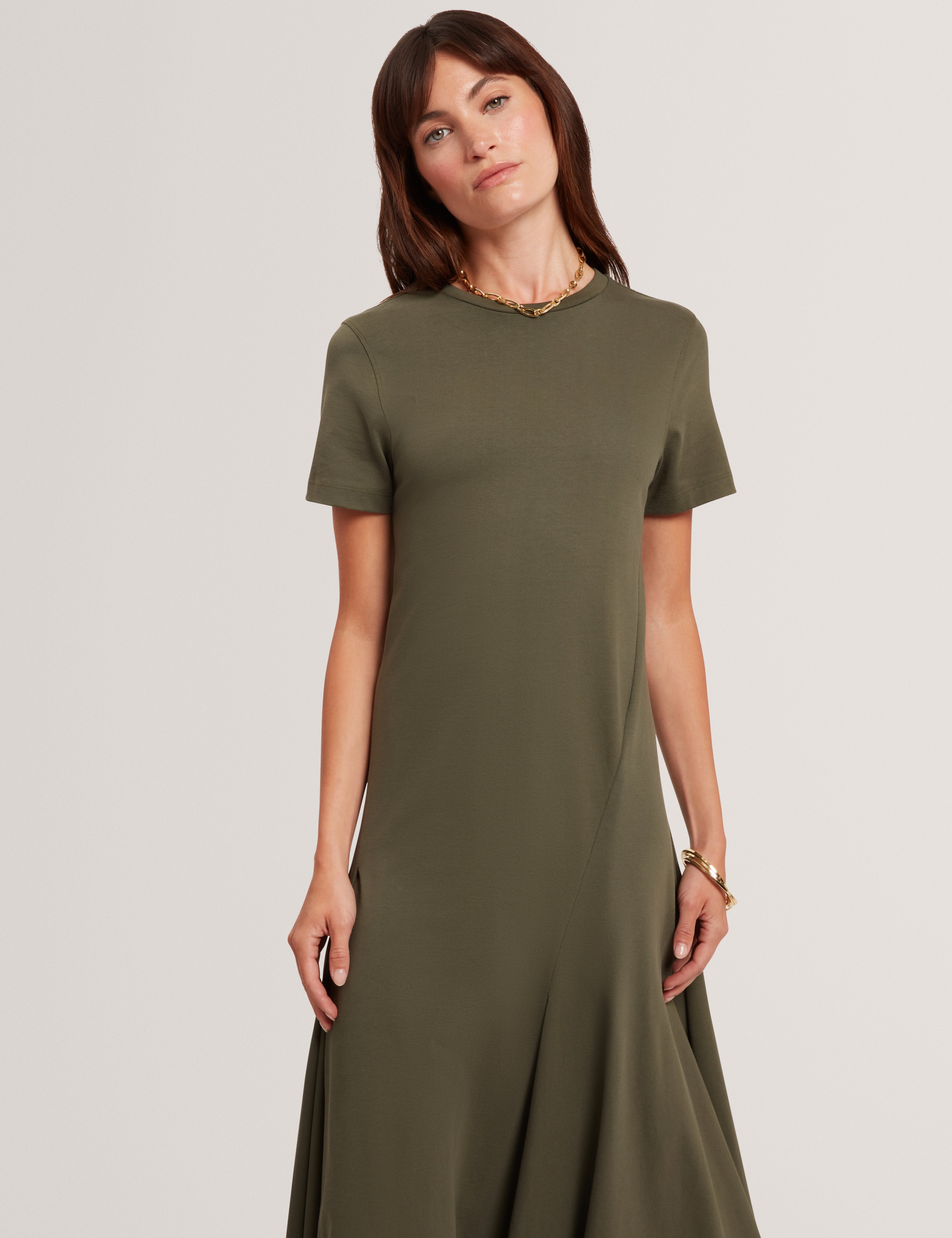Fuusia Jersey Panelled Short Sleeve Midi Dress Dk-Green