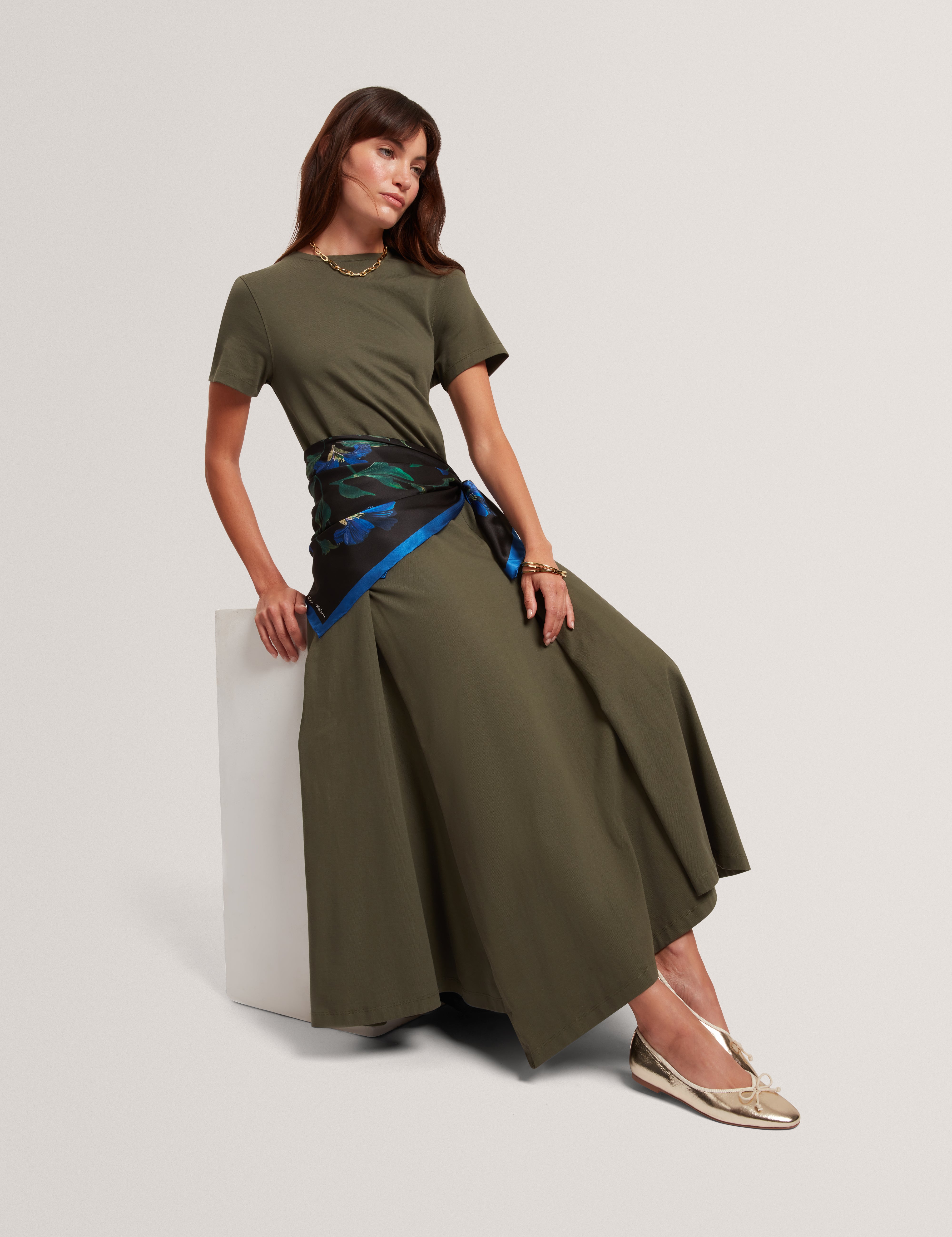 Fuusia Jersey Panelled Short Sleeve Midi Dress Dk-Green