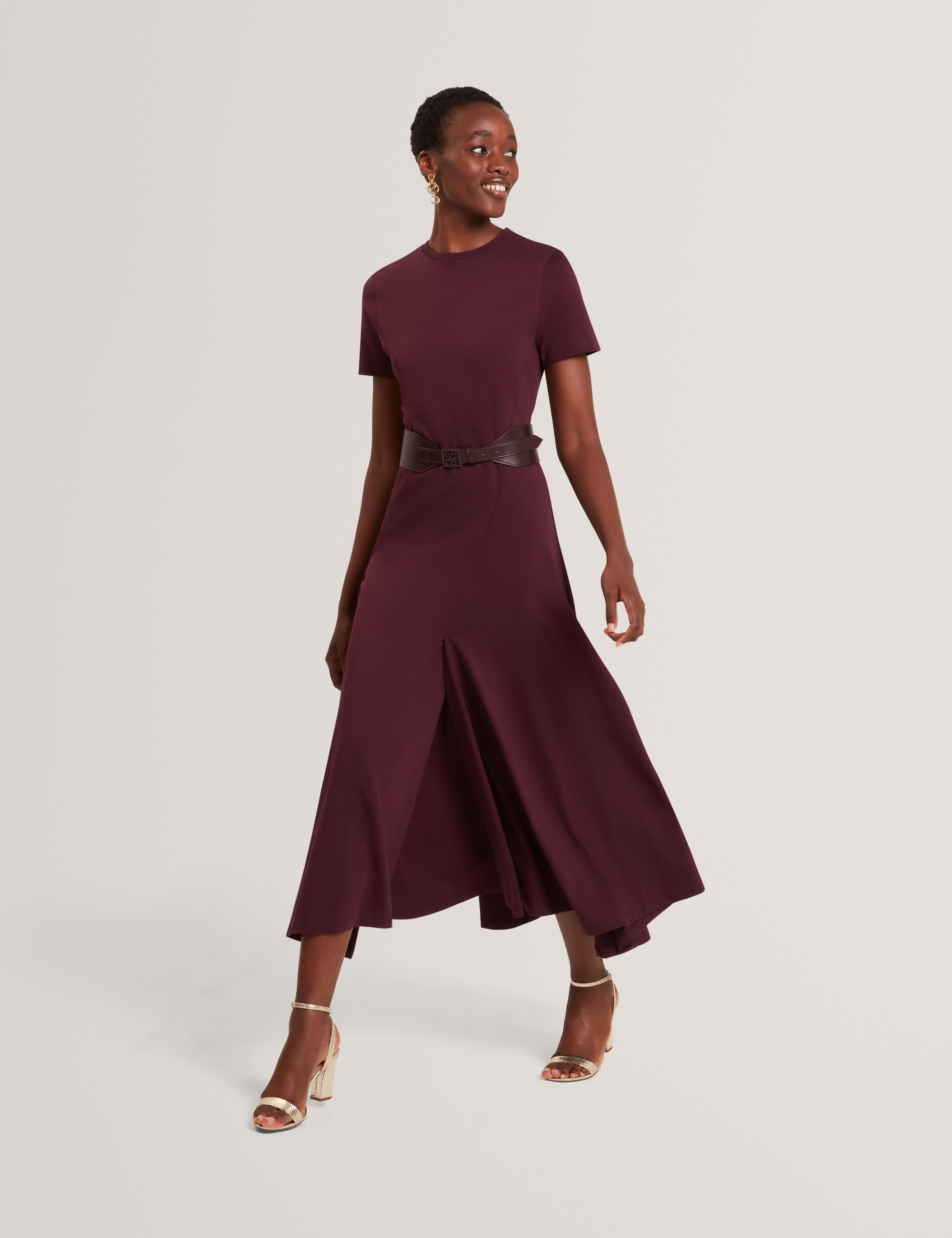 Fuusia Jersey Panelled Short Sleeve Midi Dress Oxblood