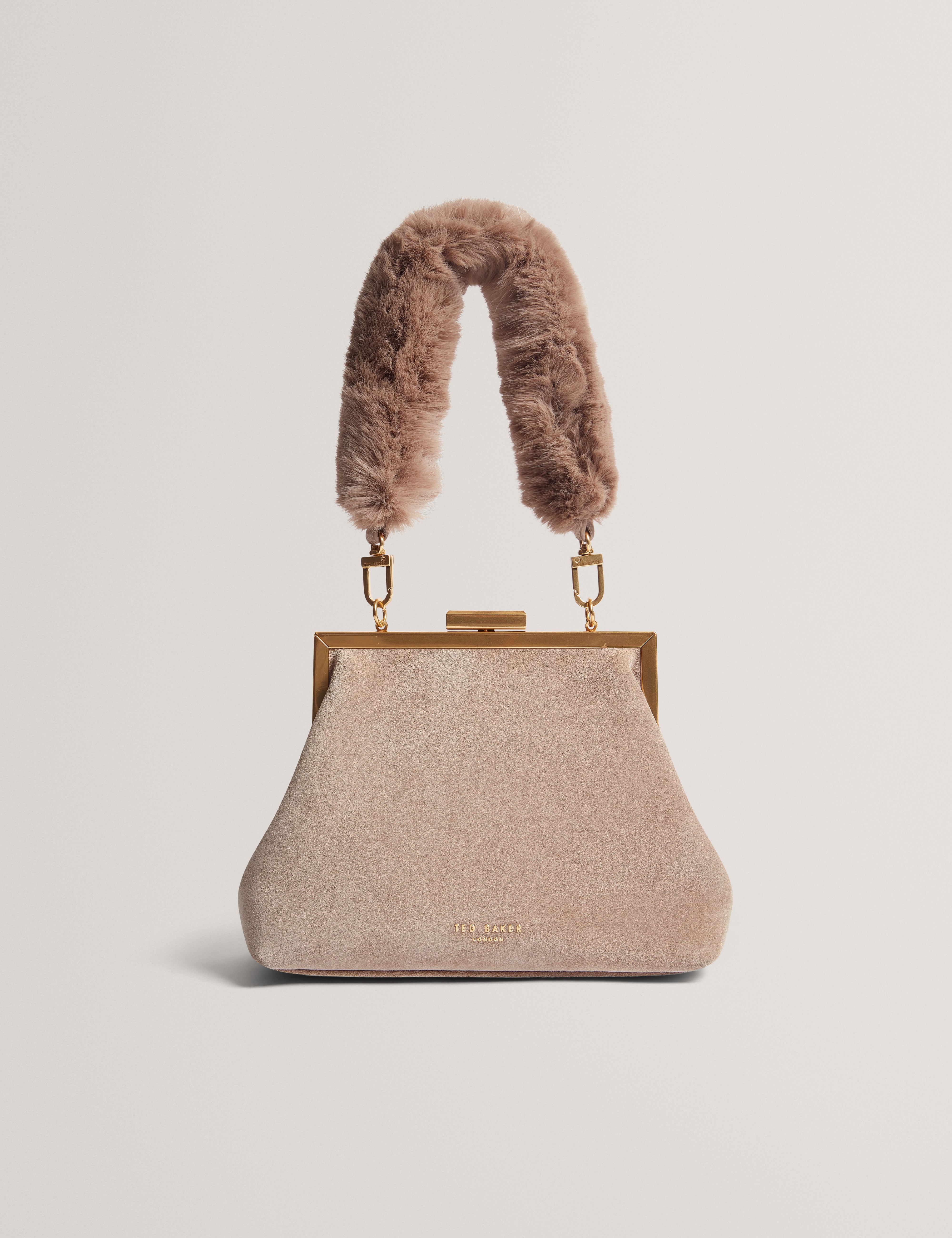 Purcela Leather Suede Fur Handle Clutch Bag Taupe