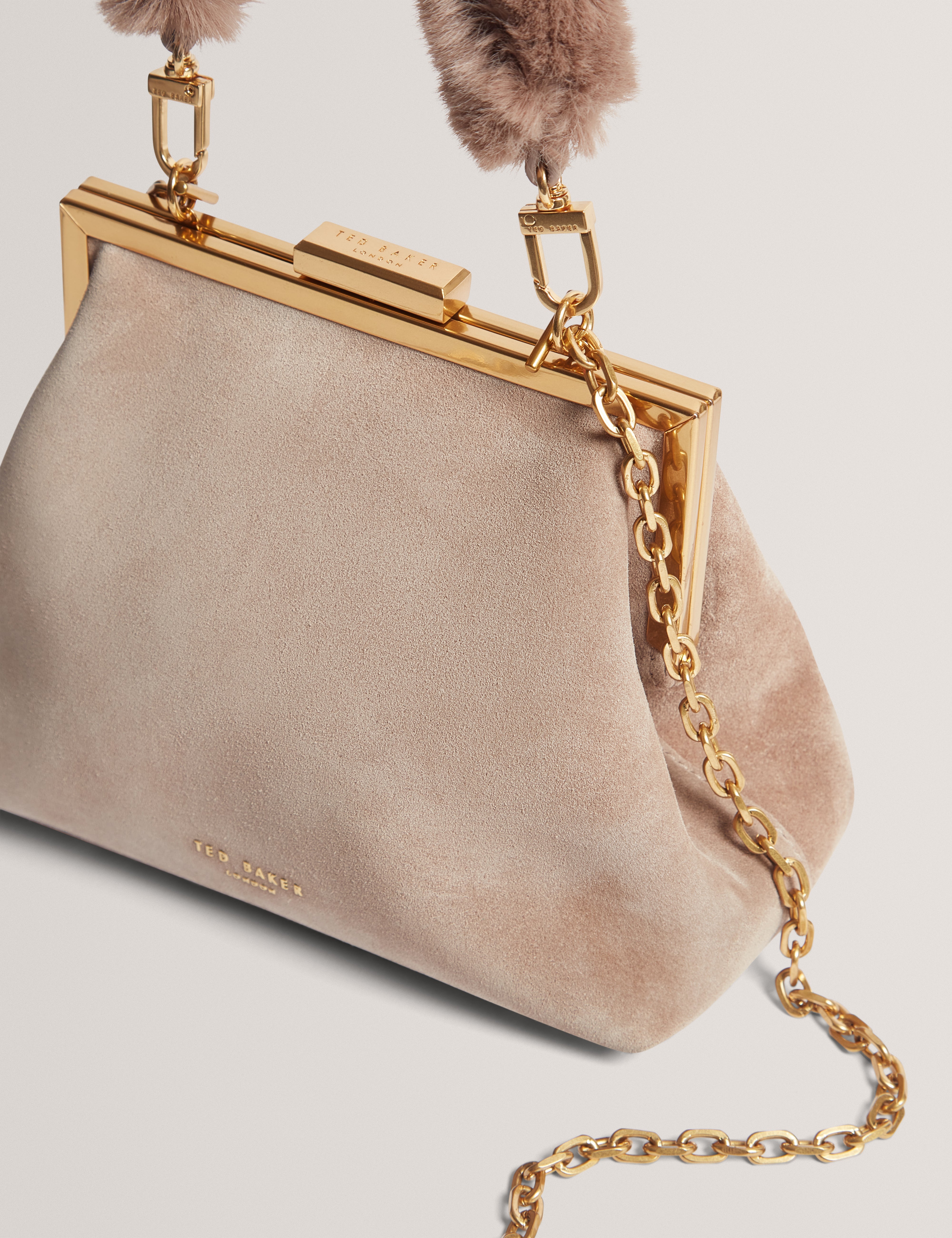 Purcela Leather Suede Fur Handle Clutch Bag Taupe