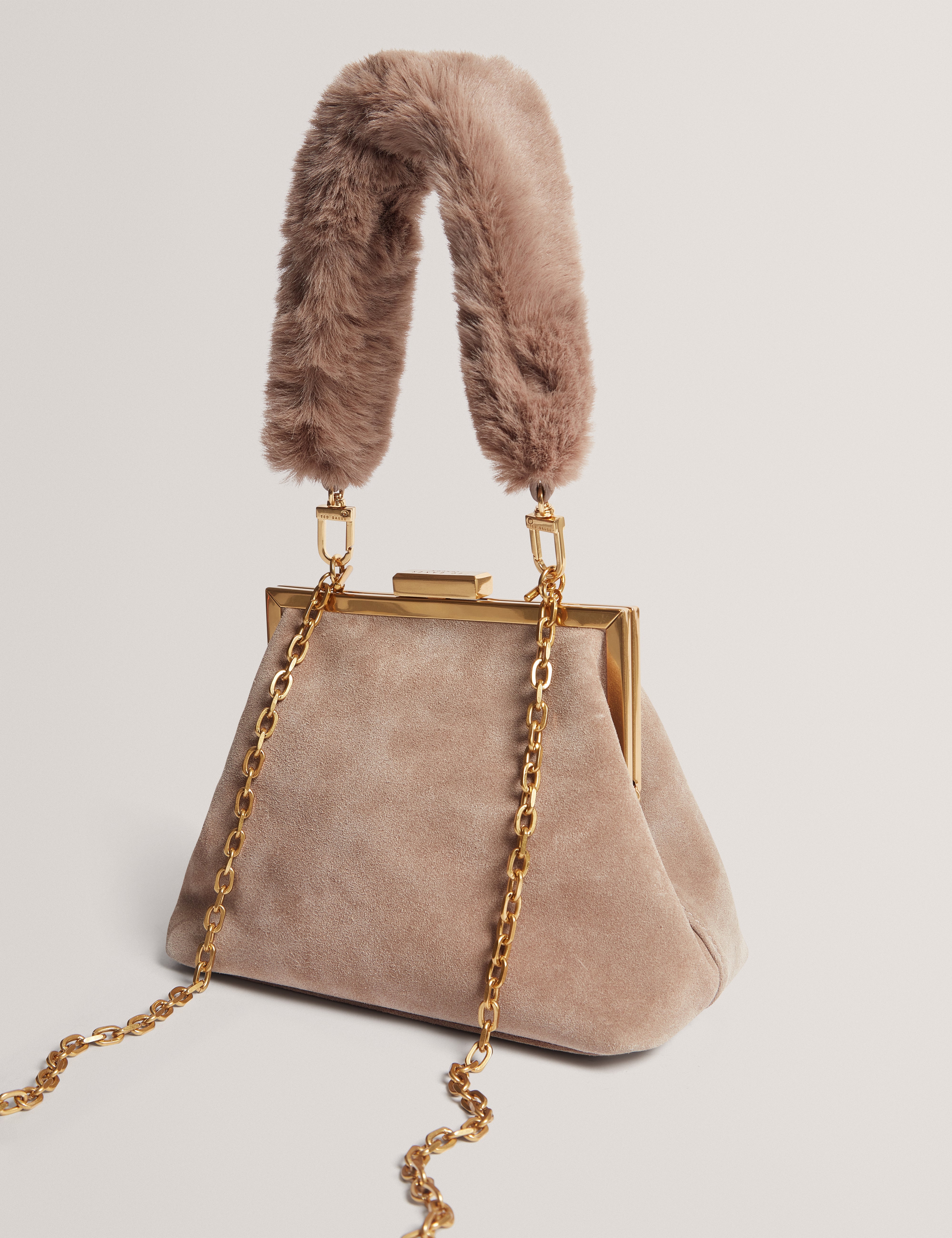 Purcela Leather Suede Fur Handle Clutch Bag Taupe