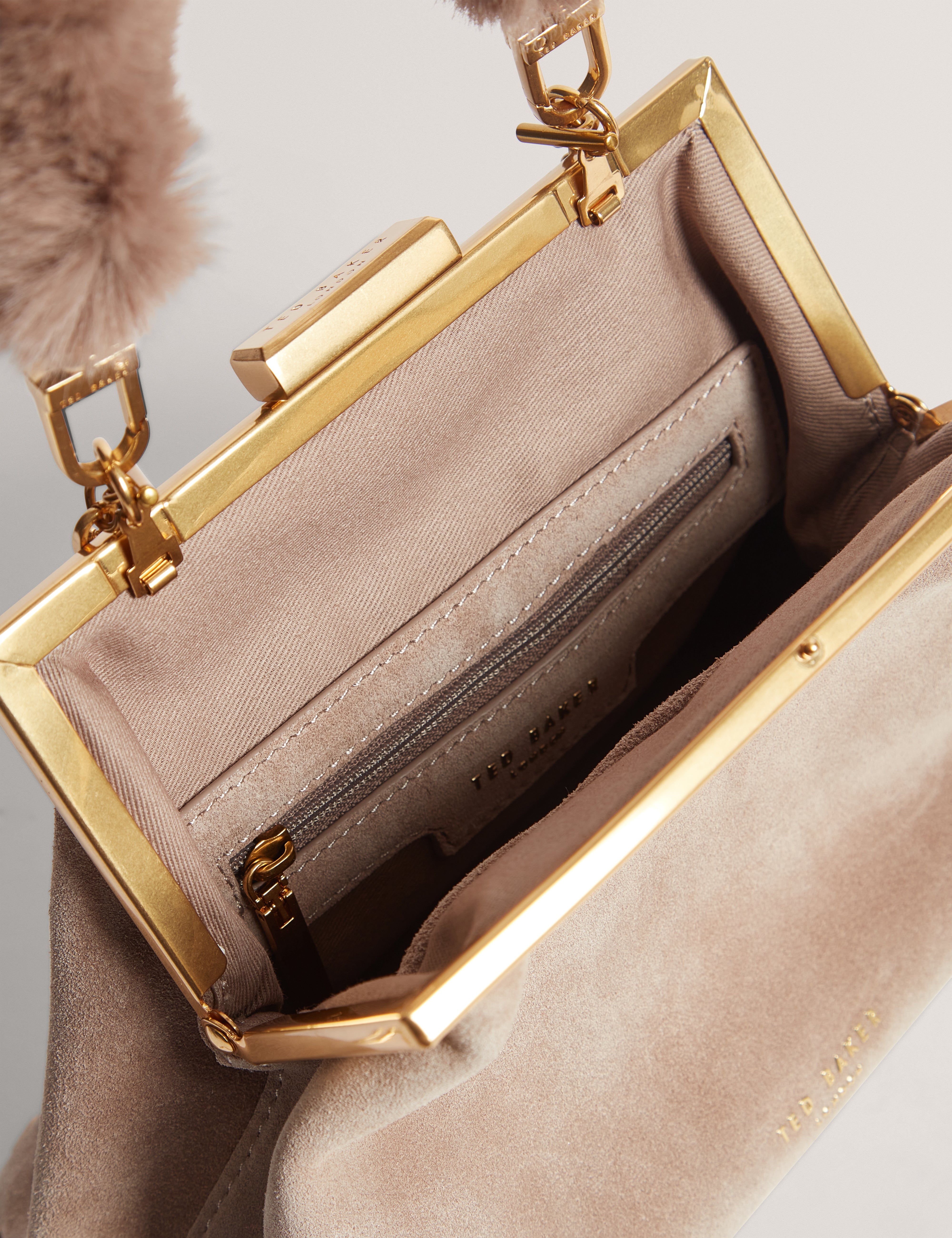 Purcela Leather Suede Fur Handle Clutch Bag Taupe