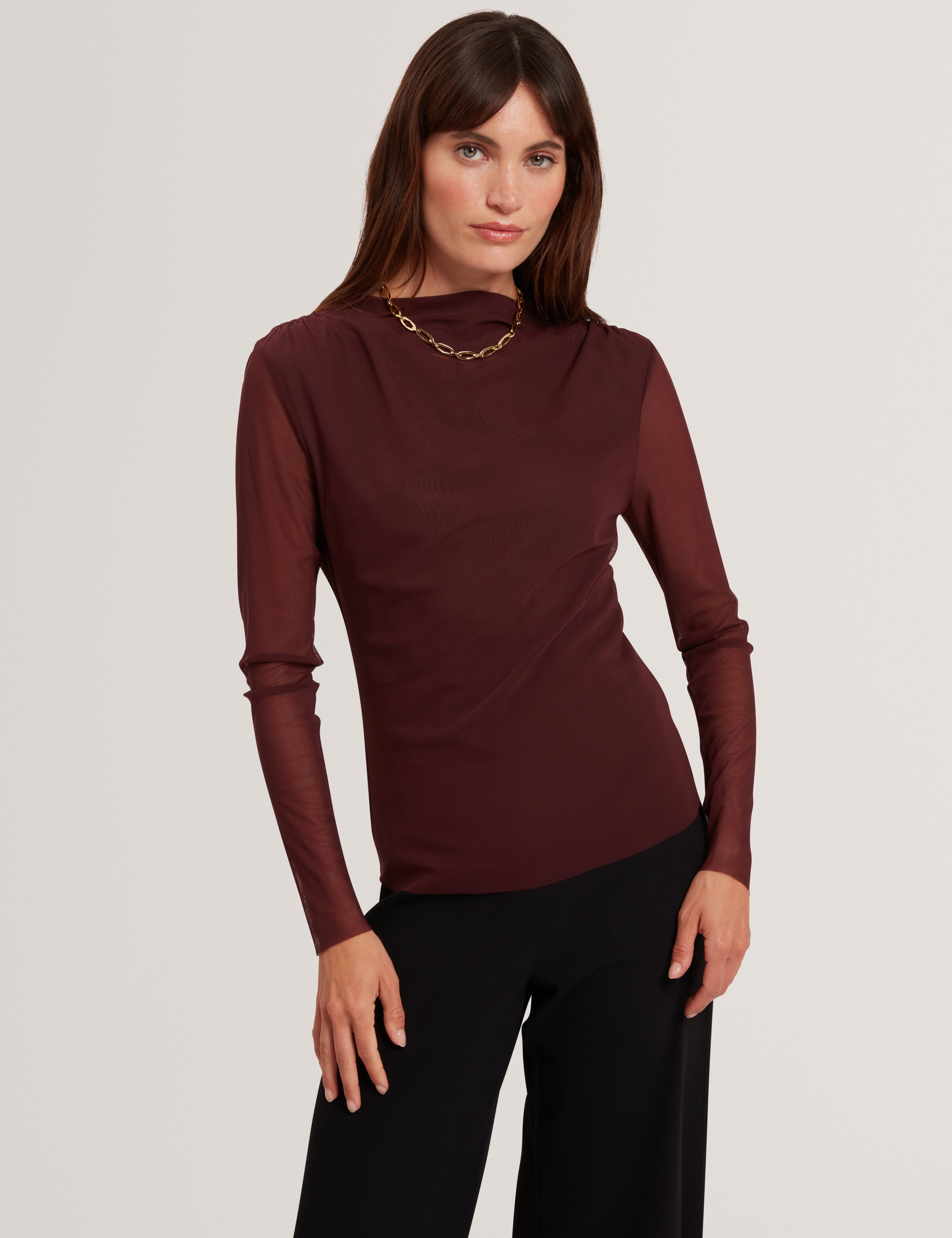 Naama Long Sleeve Mesh Fitted Top Oxblood