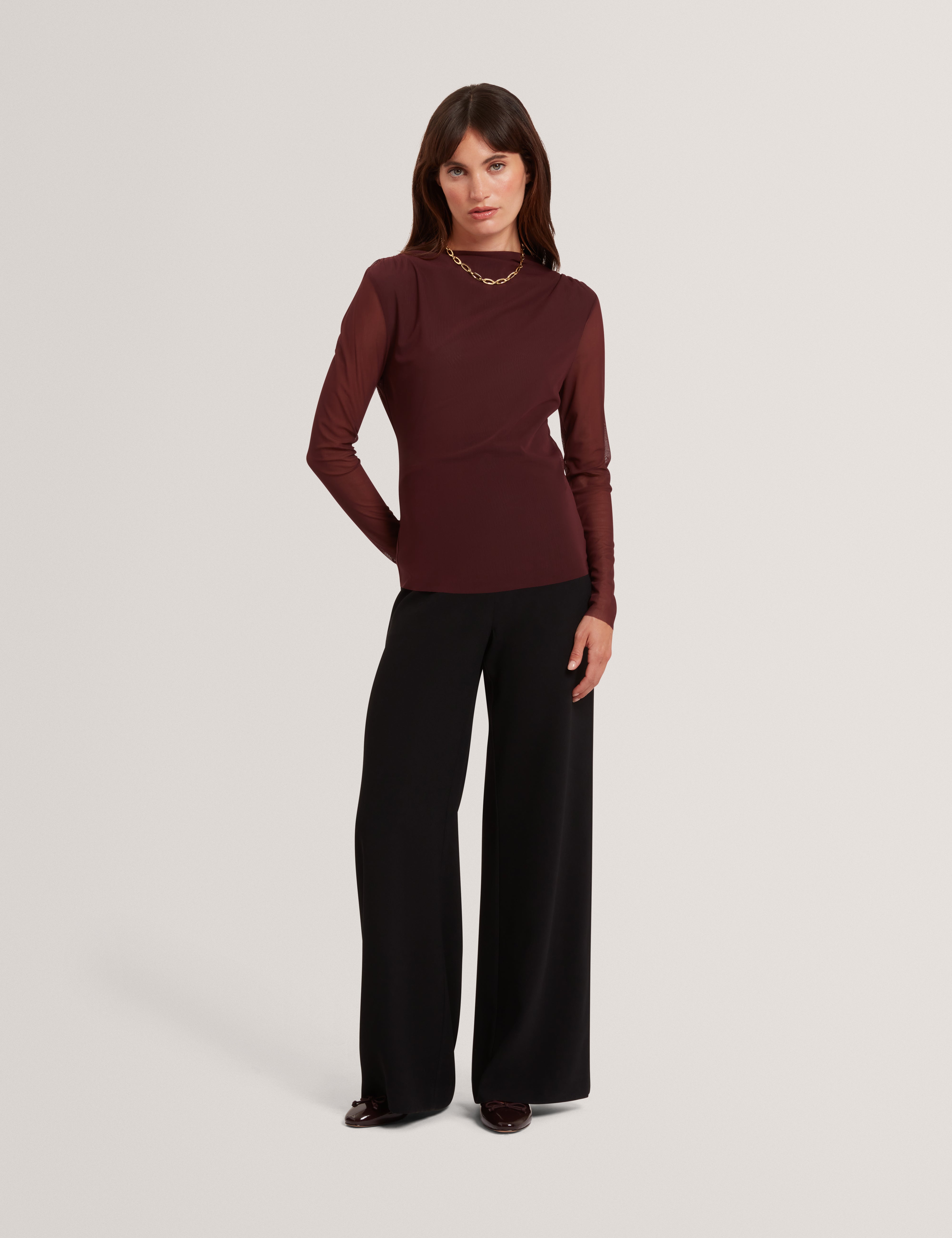 Naama Long Sleeve Mesh Fitted Top Oxblood