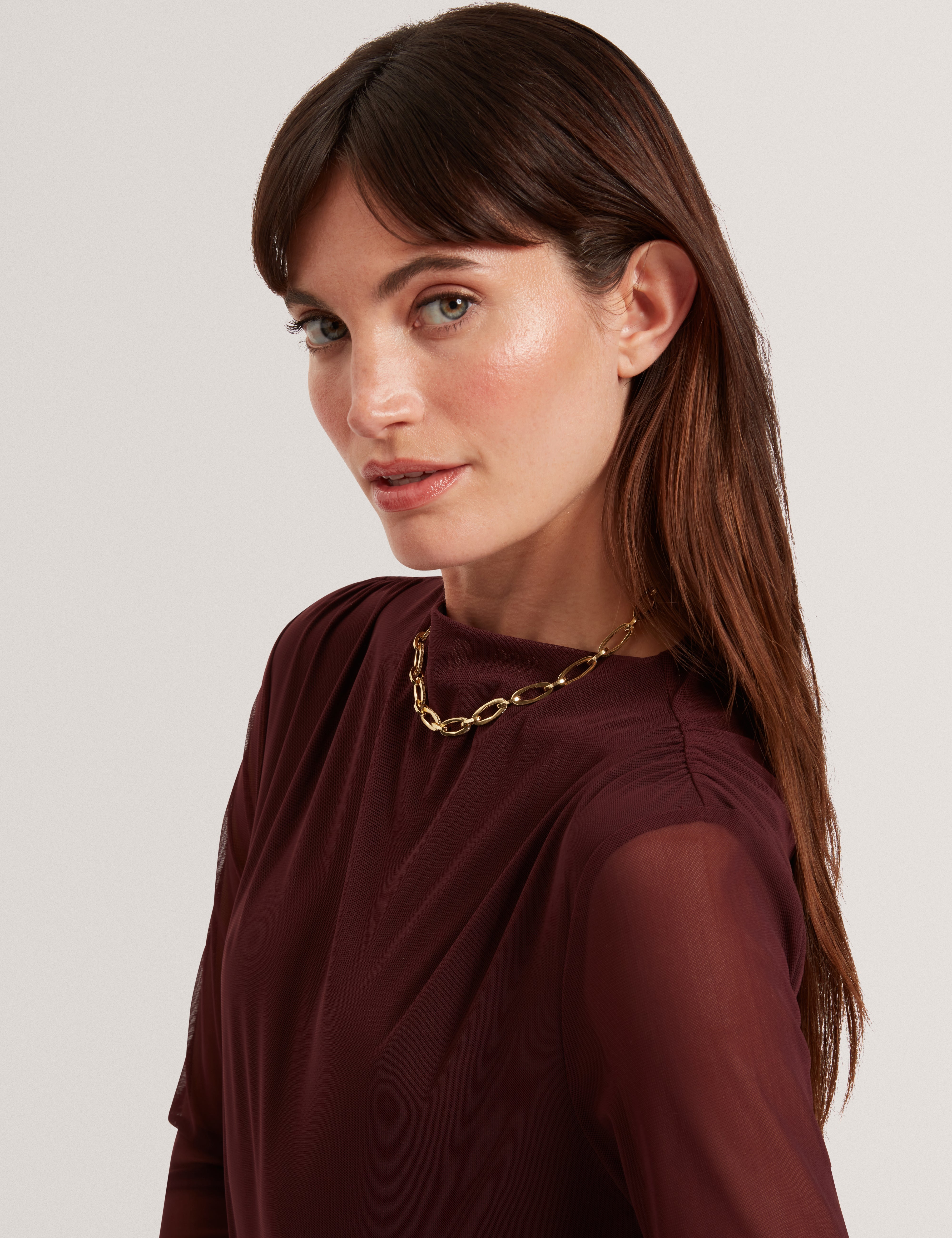 Naama Long Sleeve Mesh Fitted Top Oxblood