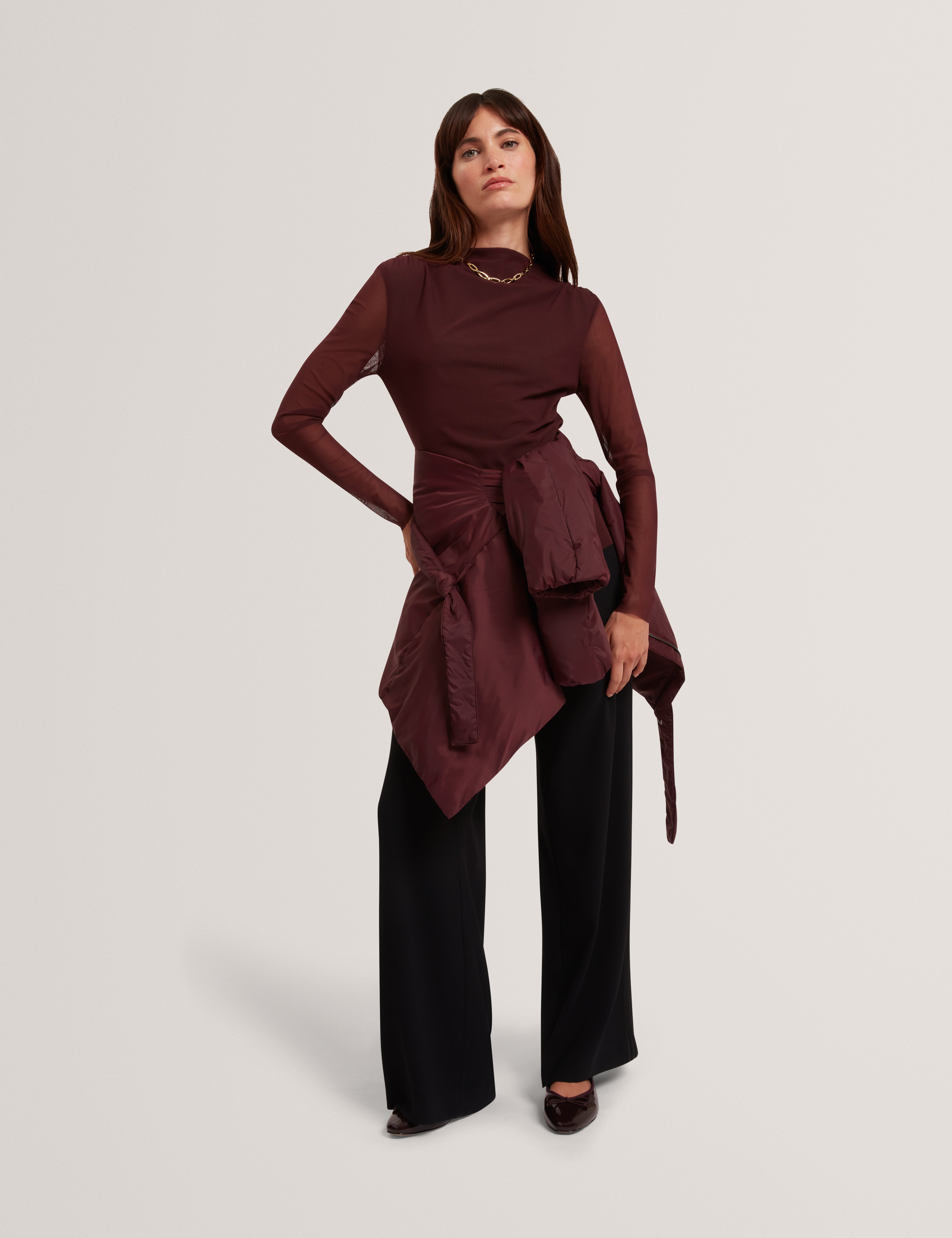 Naama Long Sleeve Mesh Fitted Top Oxblood