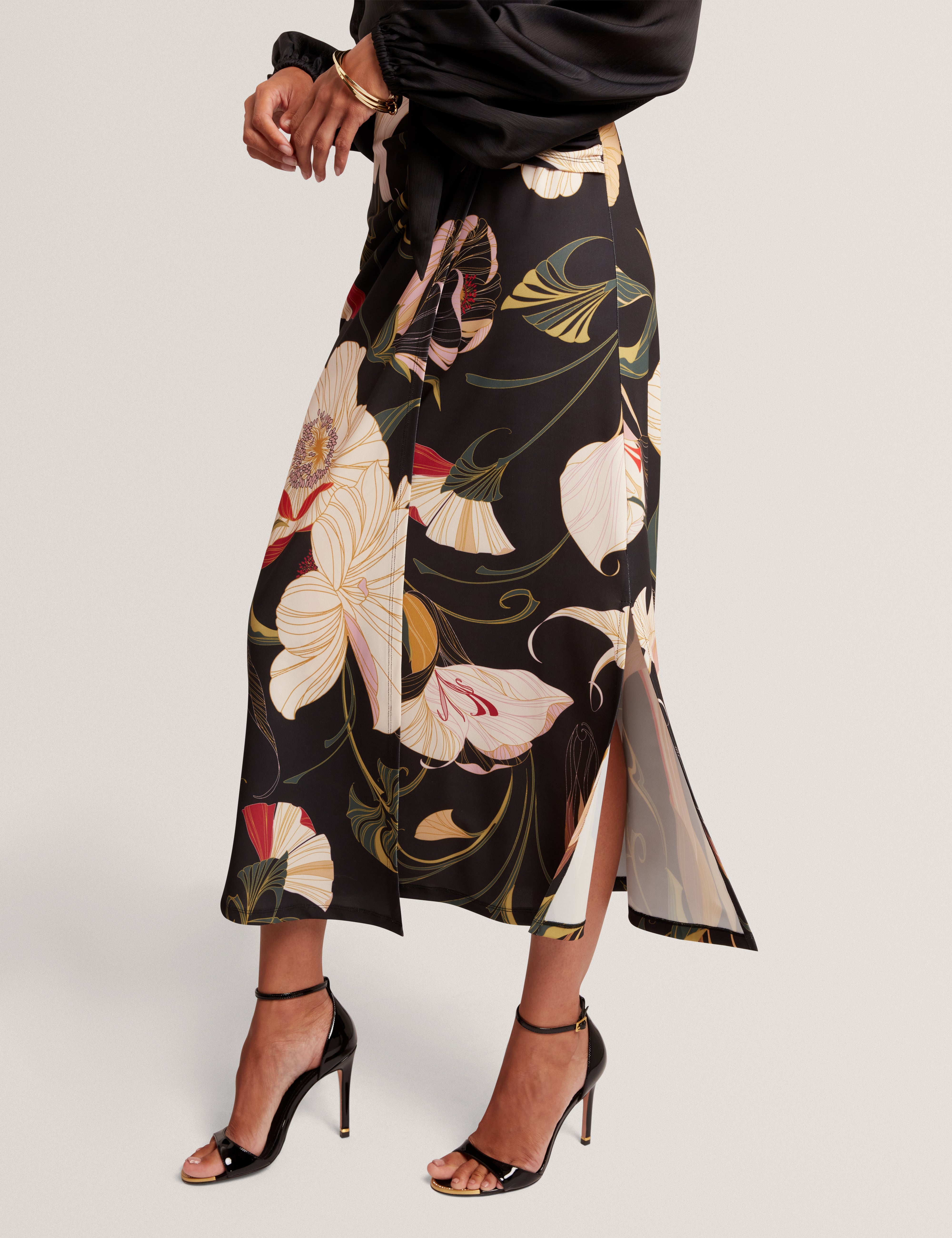 Kaytia Printed Wrap Detail Skirt Black