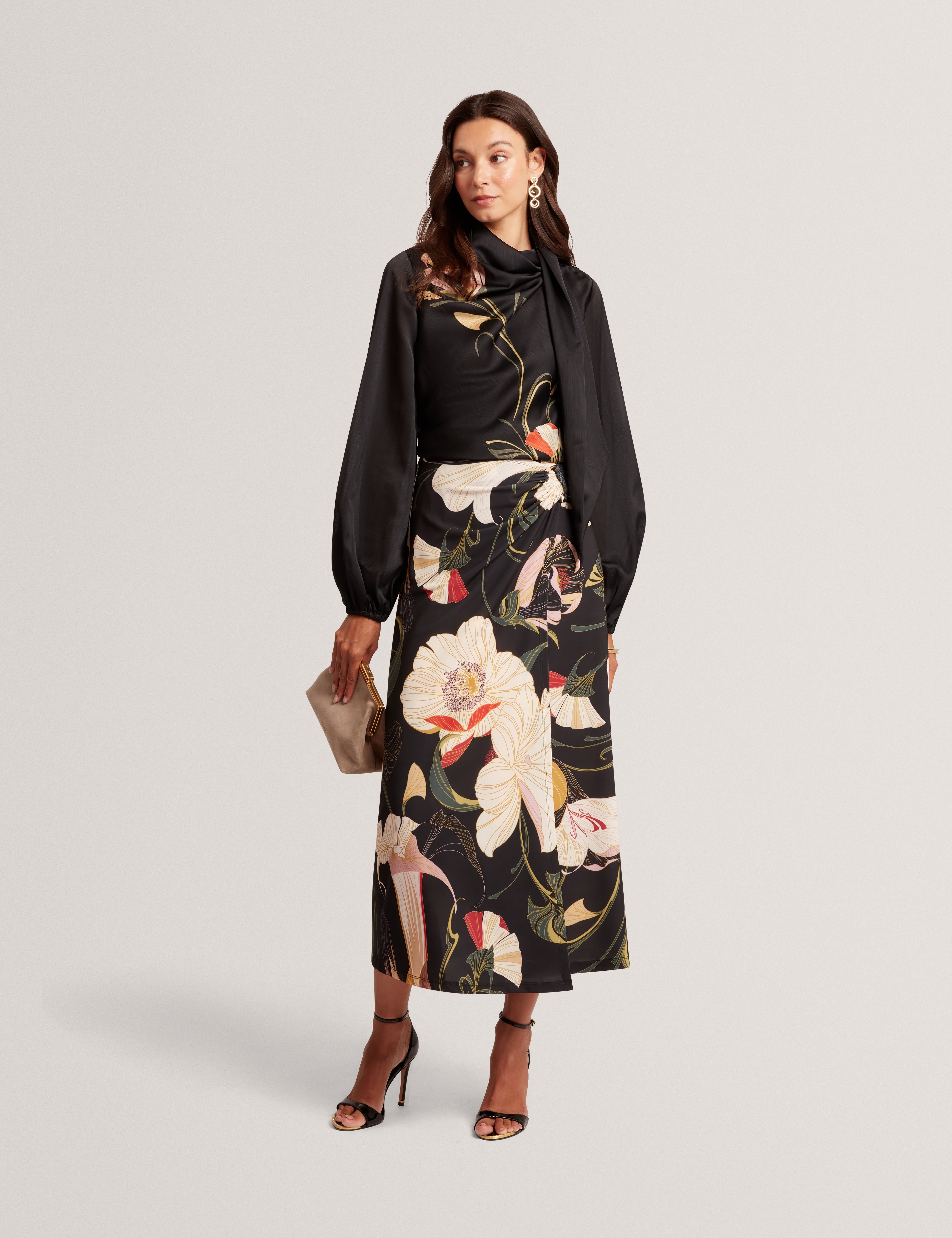 Kaytia Printed Wrap Detail Skirt Black