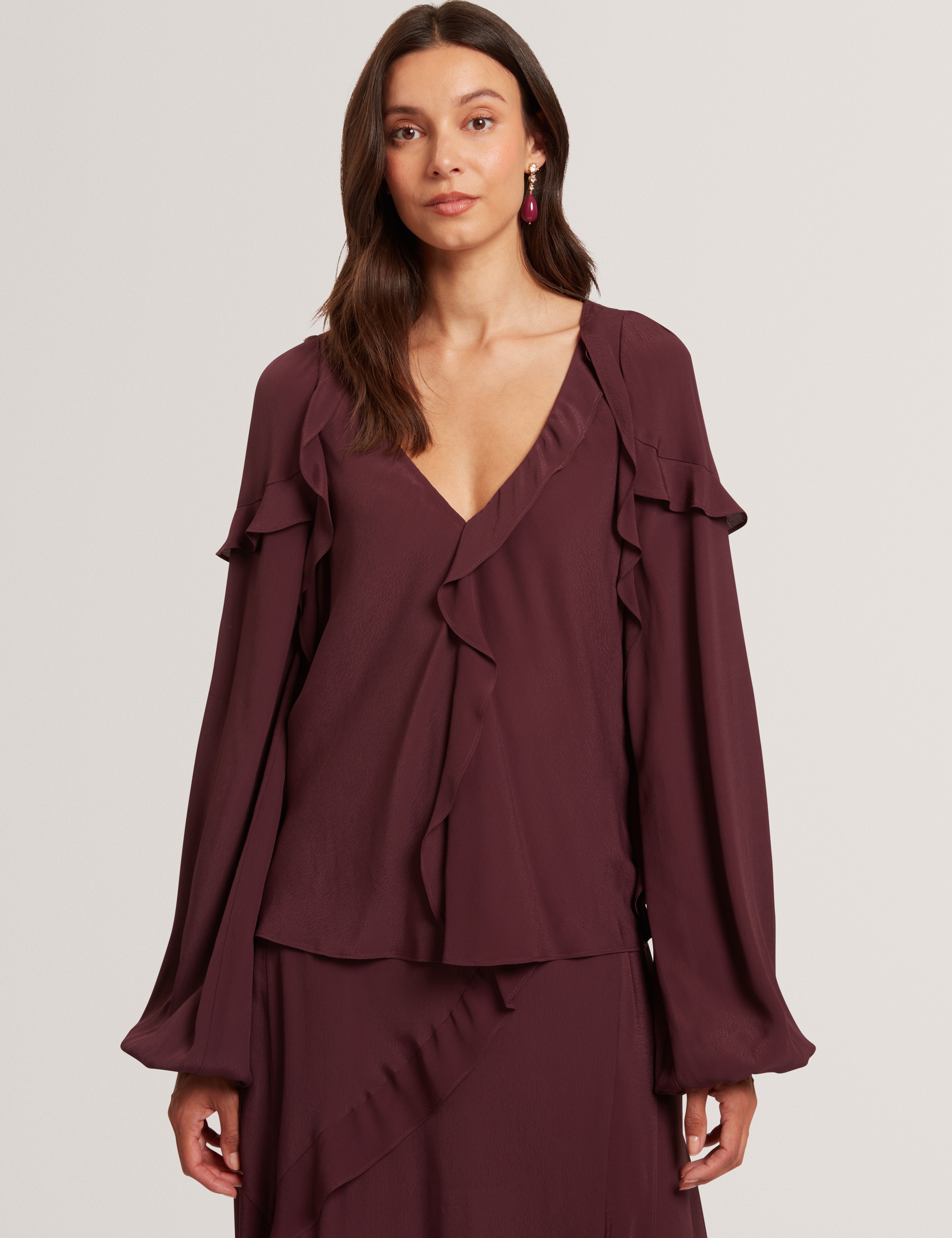 Kayfa Frill Detail Long Sleeve Blouse Oxblood