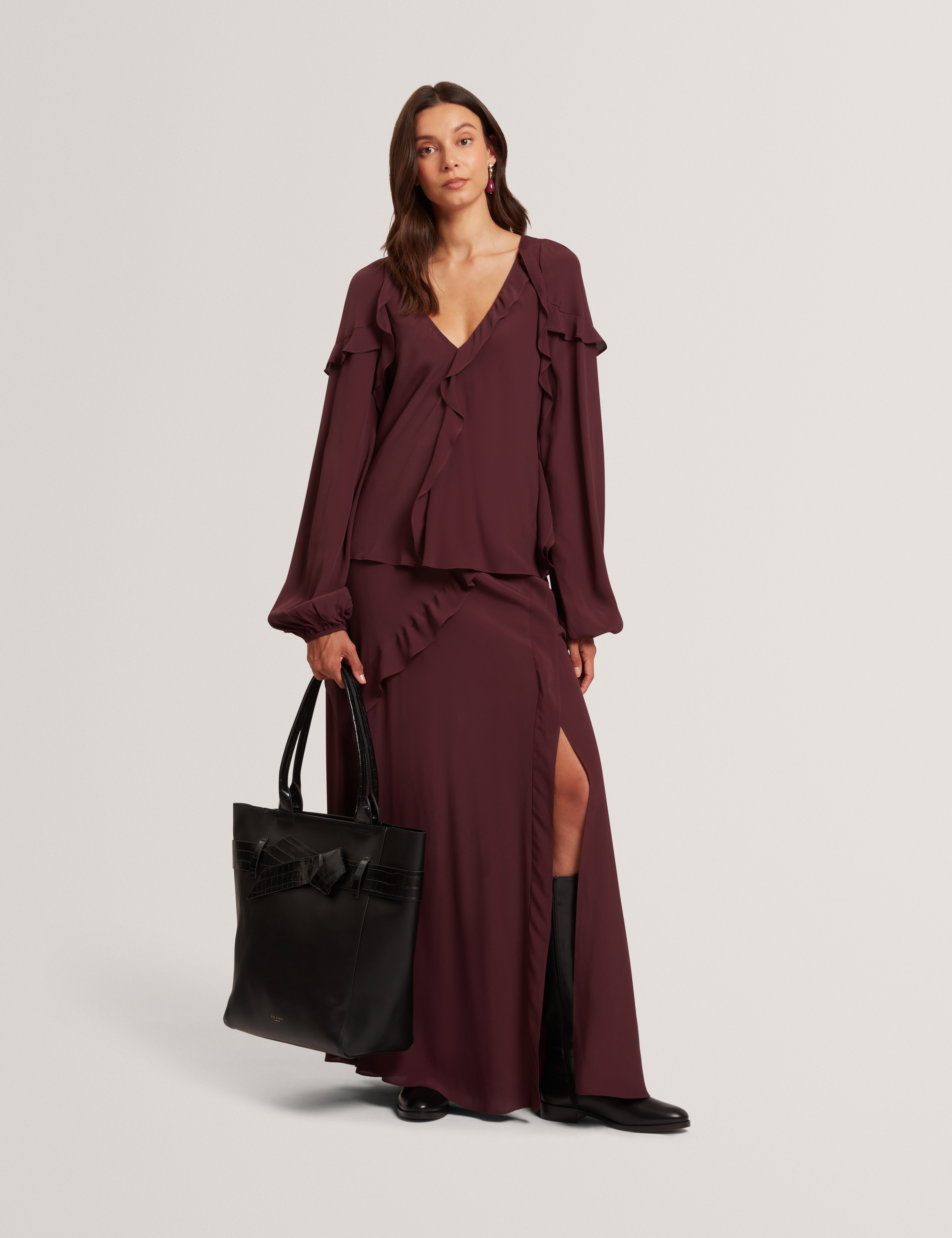Kayfa Frill Detail Long Sleeve Blouse Oxblood