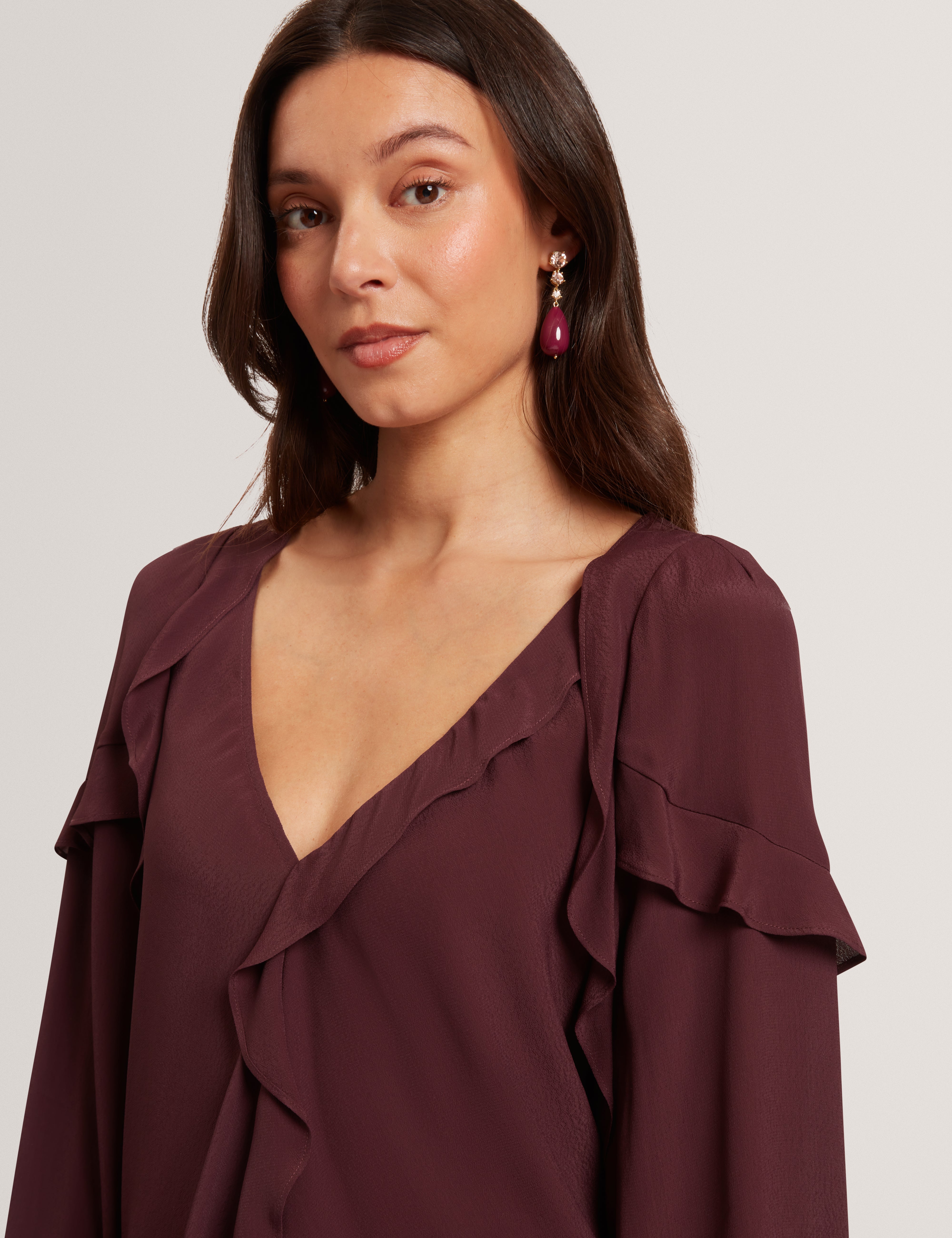Kayfa Frill Detail Long Sleeve Blouse Oxblood