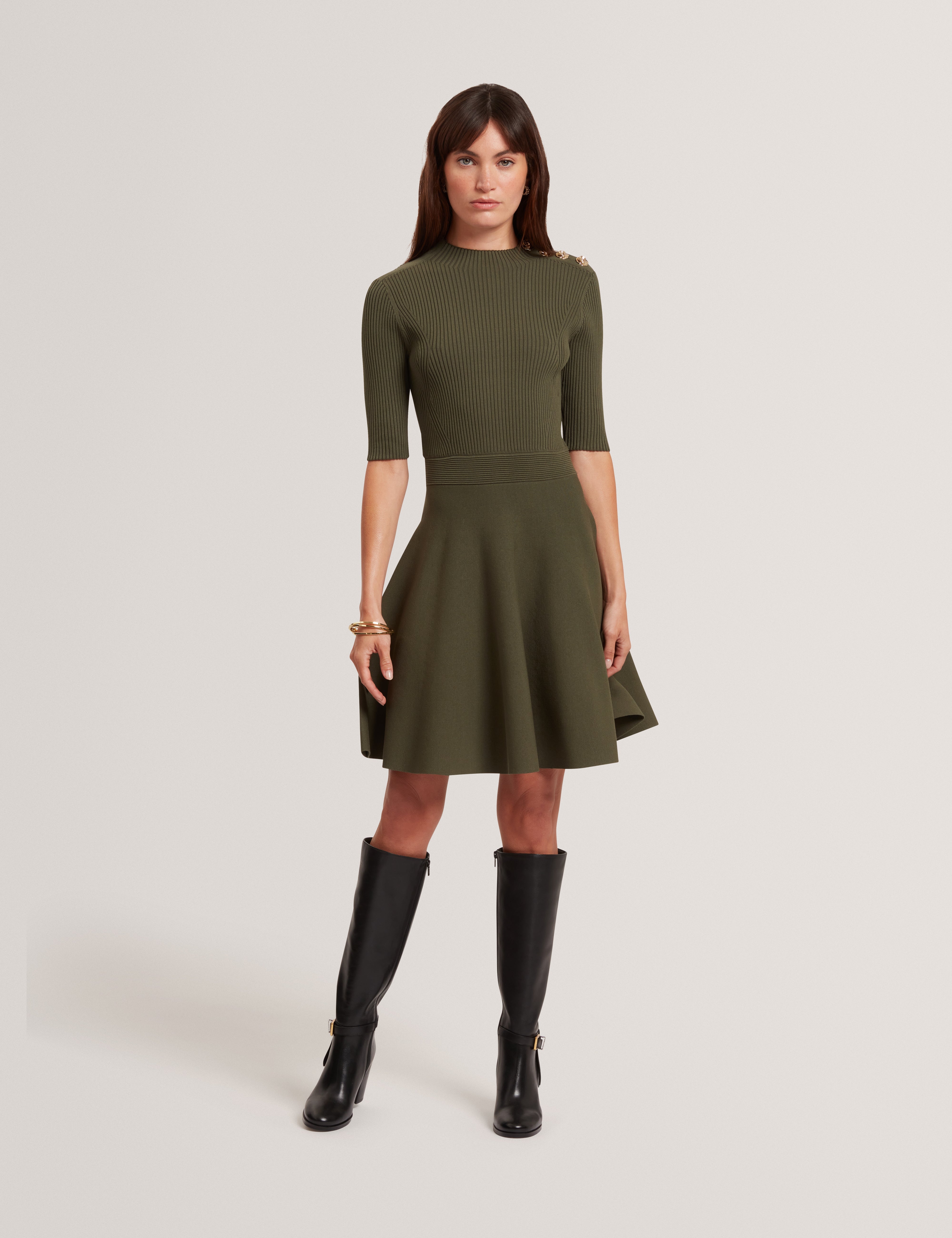 Lilano Ribbed Knit Button Detail Skater Dress Dk-Green
