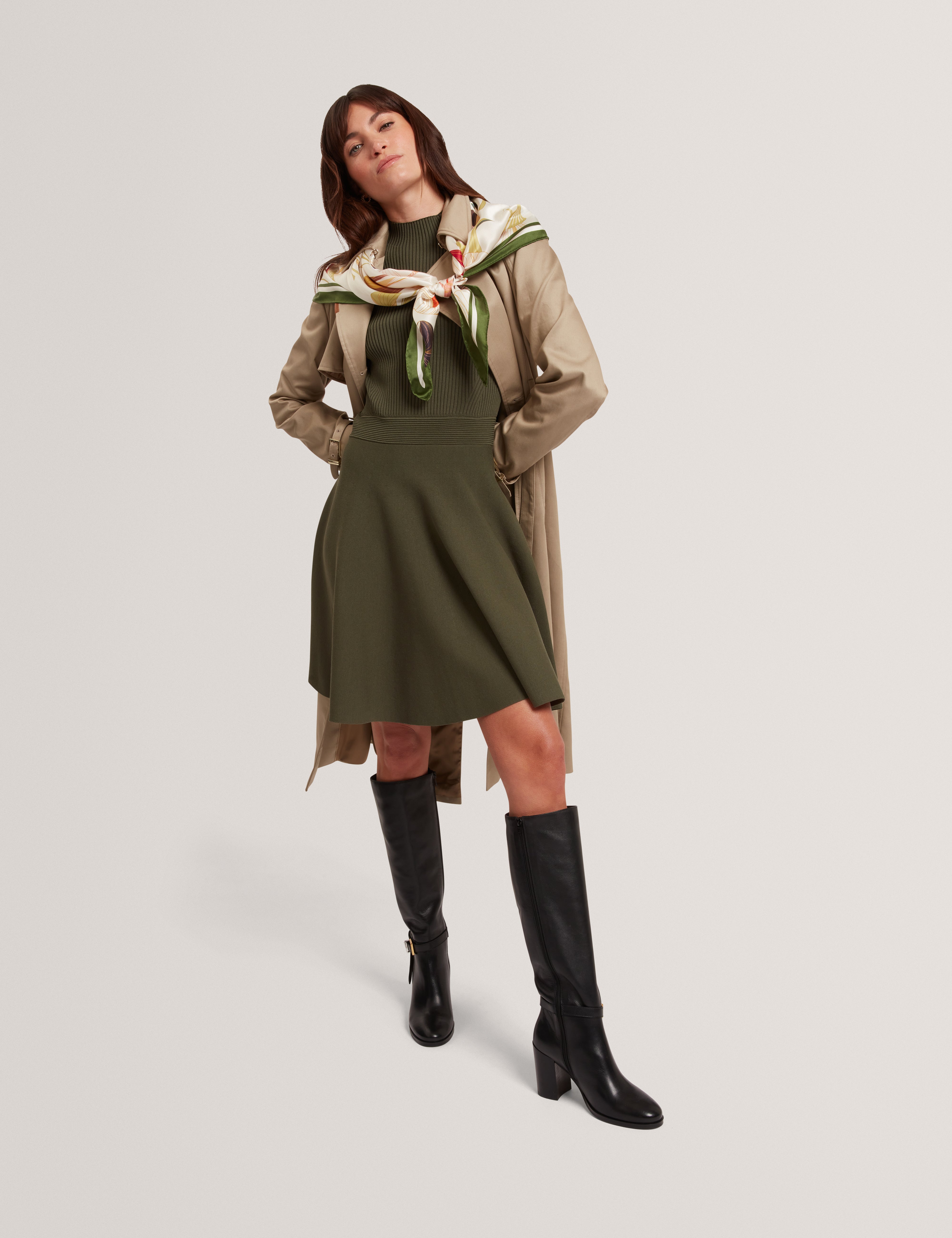 Lilano Ribbed Knit Button Detail Skater Dress Dk-Green