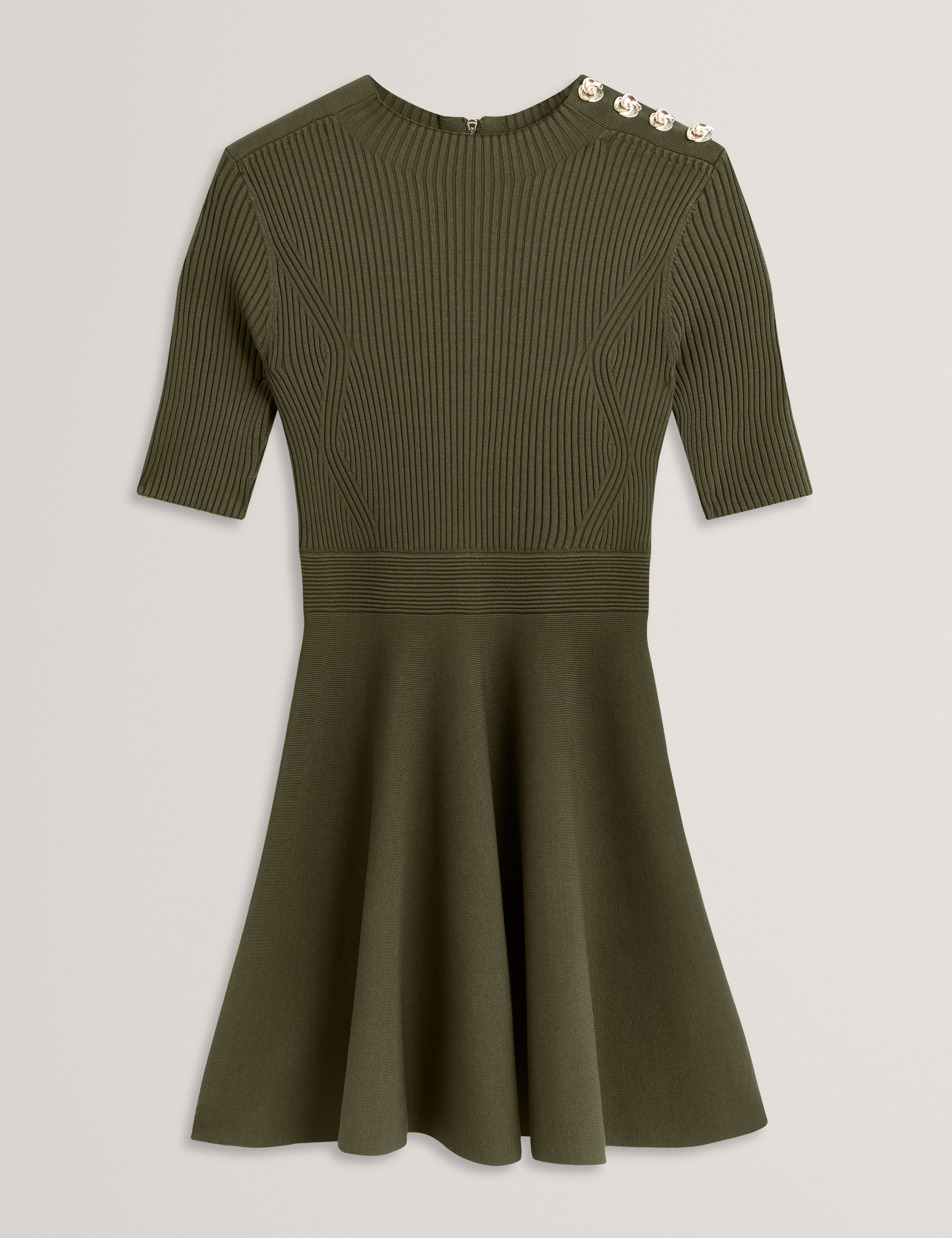 Lilano Ribbed Knit Button Detail Skater Dress Dk-Green