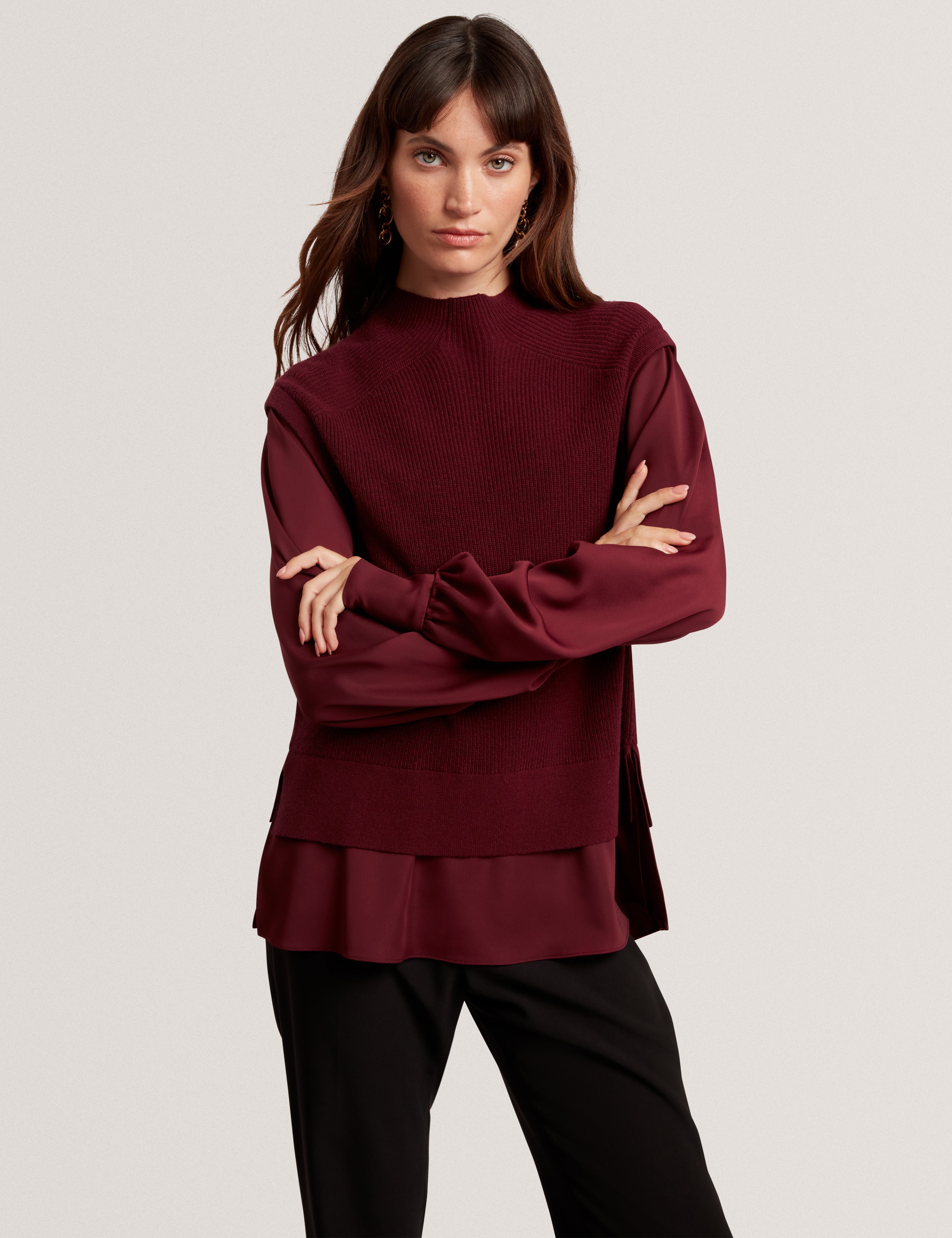 Caycey Woven Sleeve Knitted Jumper Maroon