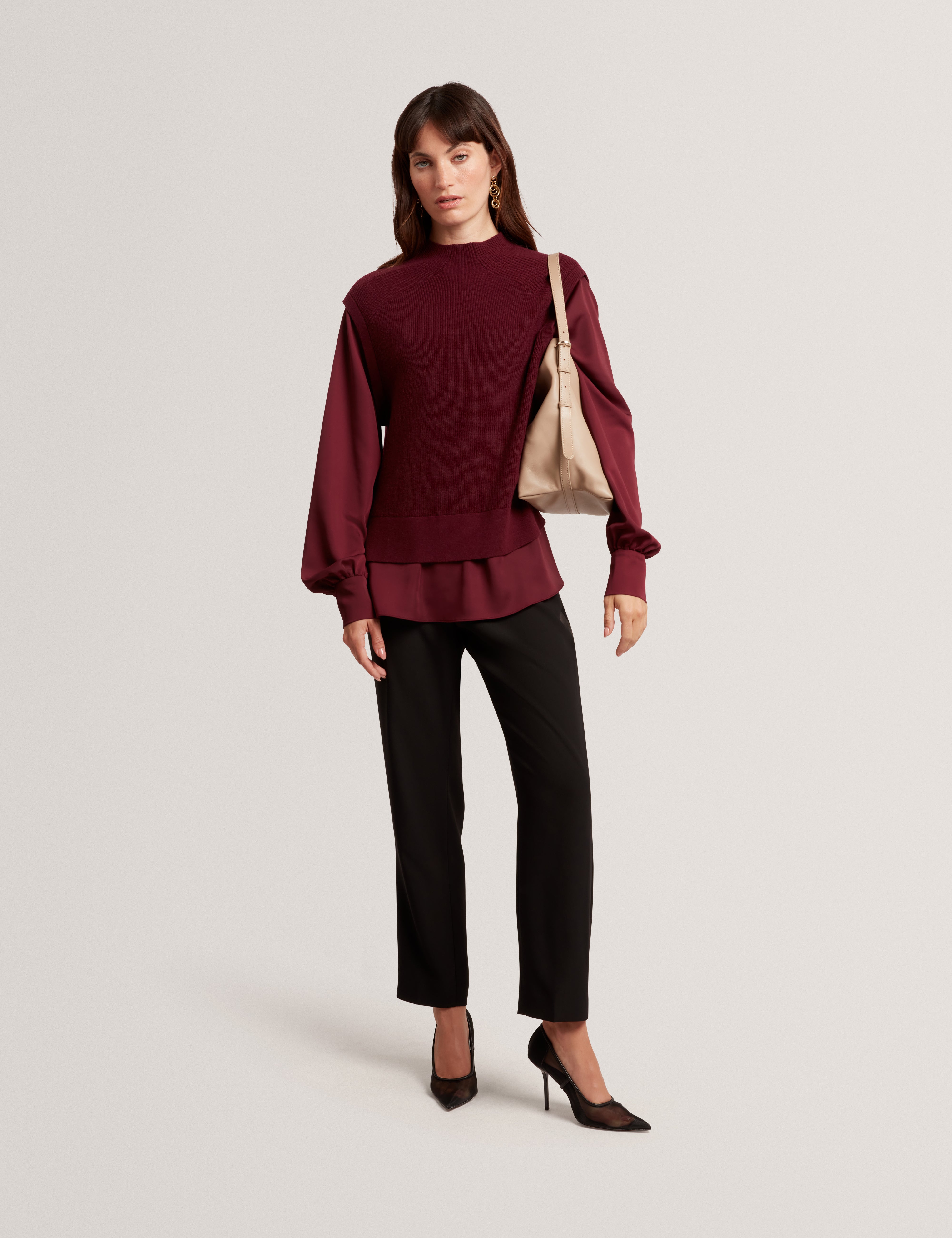 Caycey Woven Sleeve Knitted Jumper Maroon