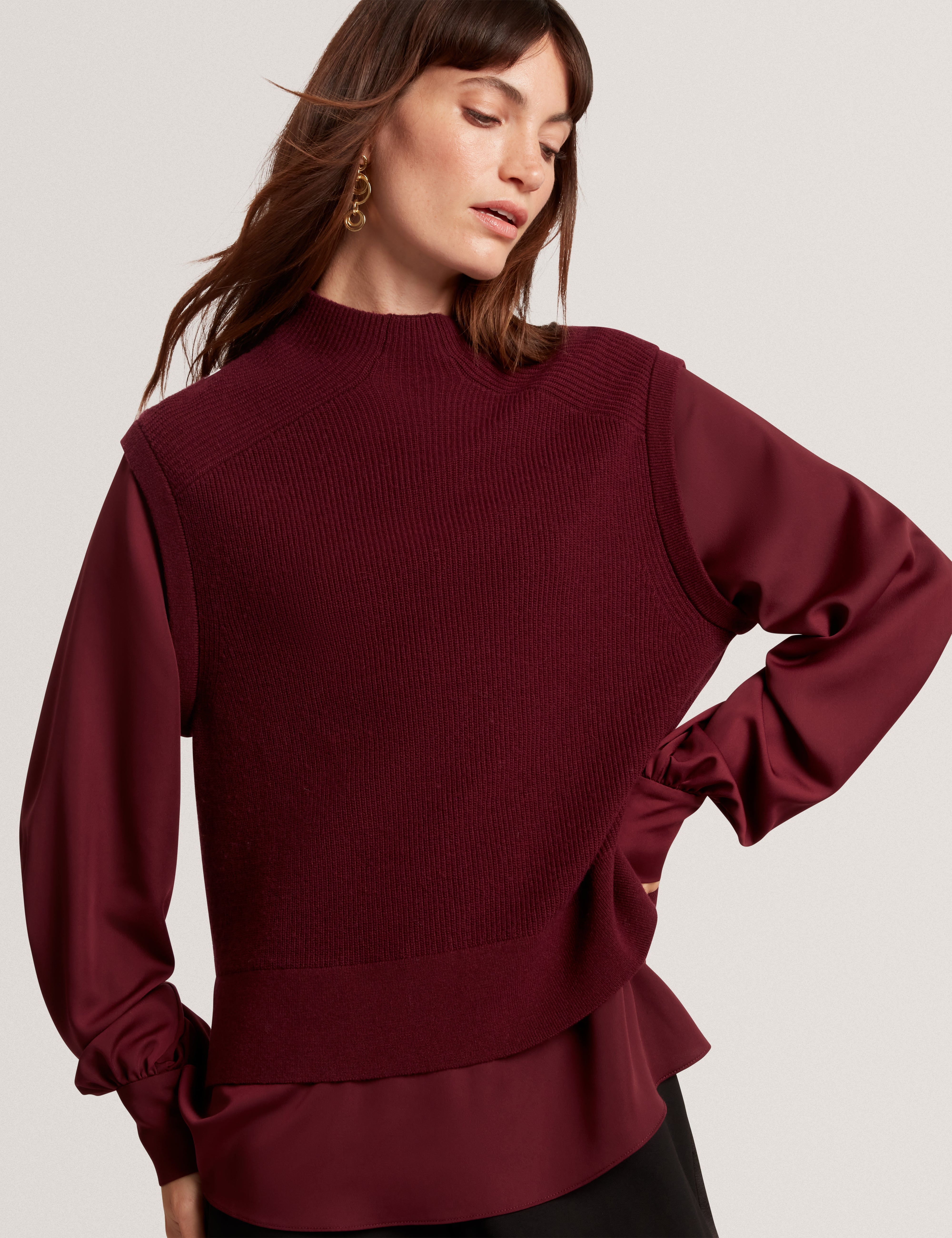 Caycey Woven Sleeve Knitted Jumper Maroon