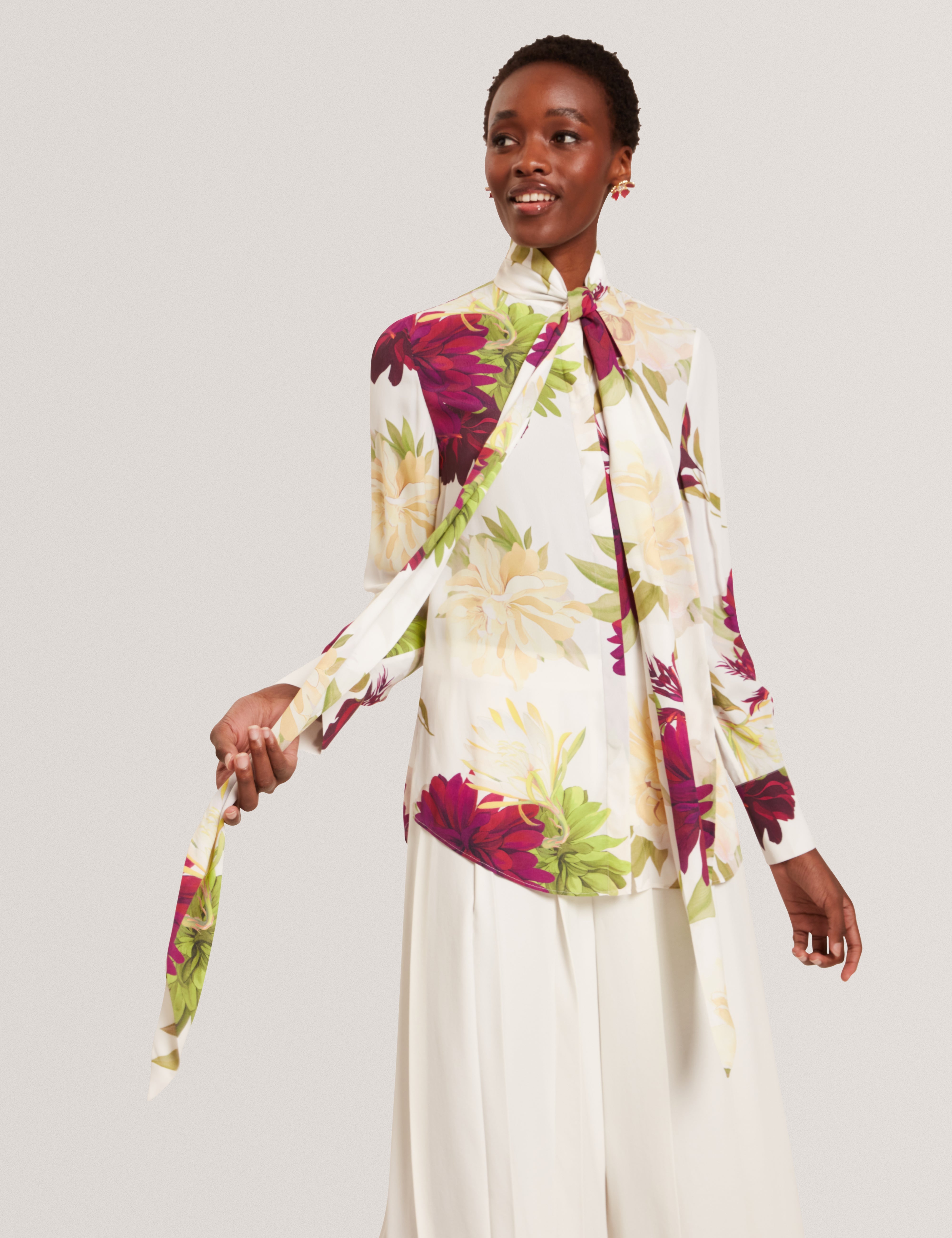 Marzena Printed Scarf Detail Long Sleeve Blouse Ivory