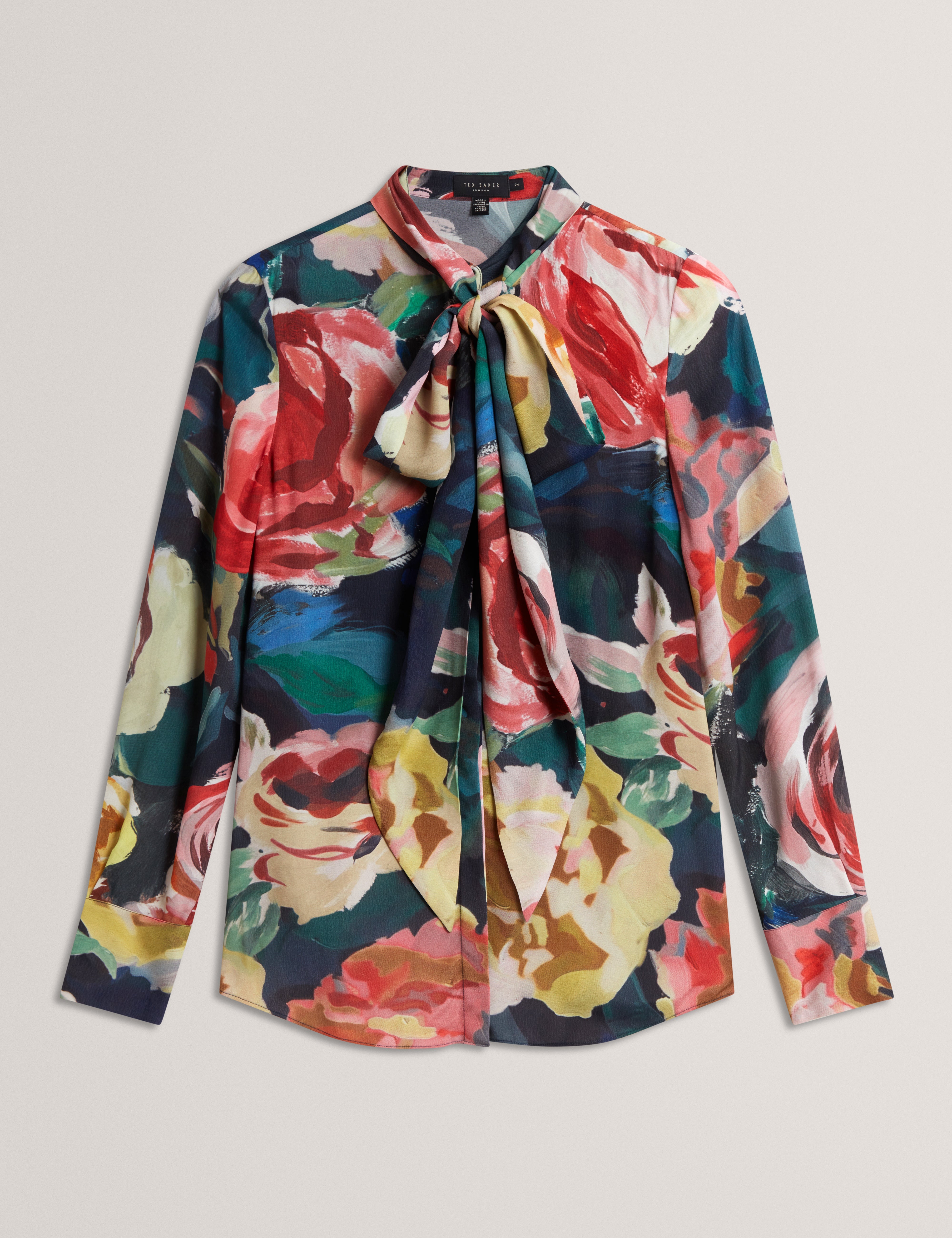 Araga Tie Neck Printed Long Sleeve Shirt Navy