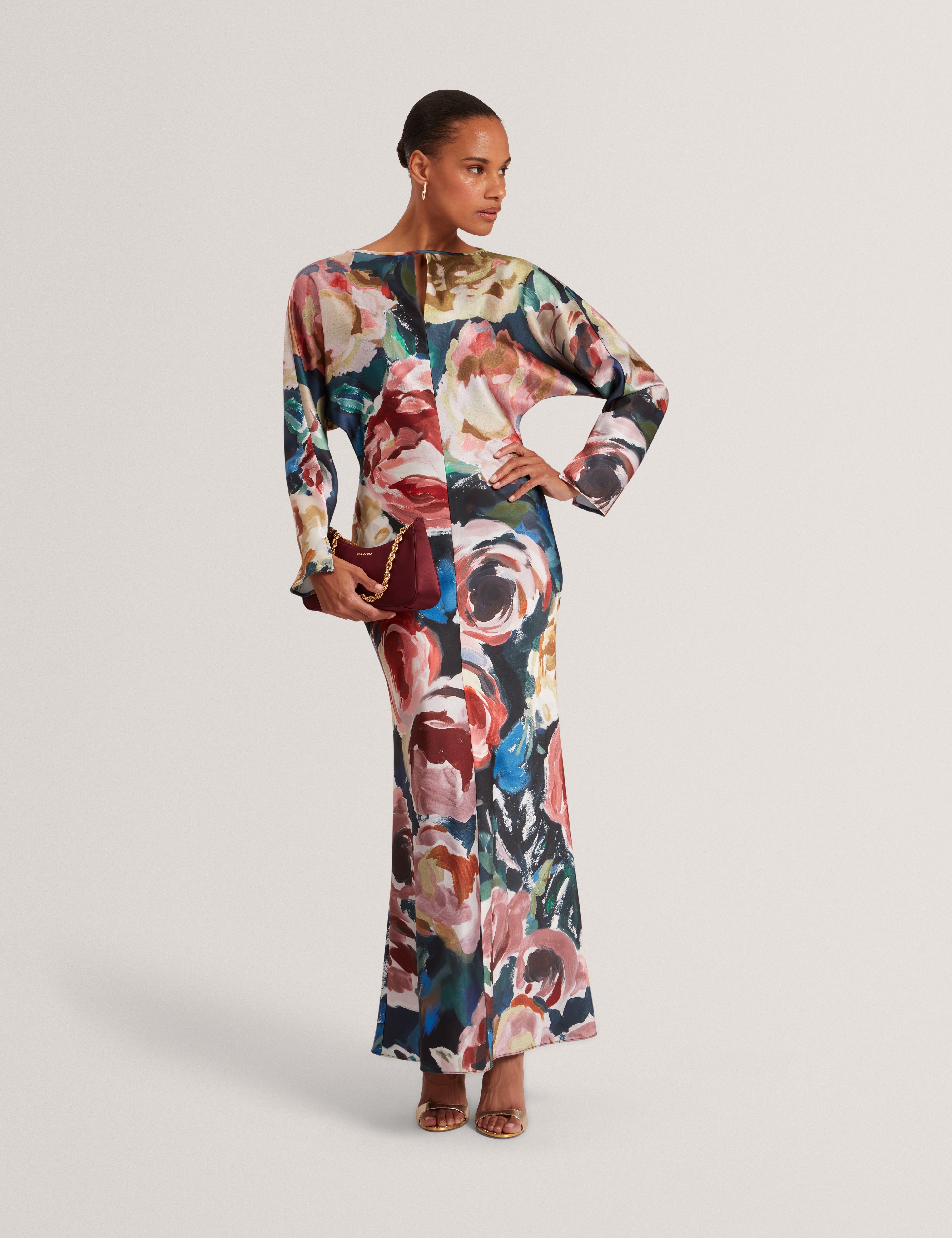 Lovesa Printed Long Sleeve Midi Dress Navy
