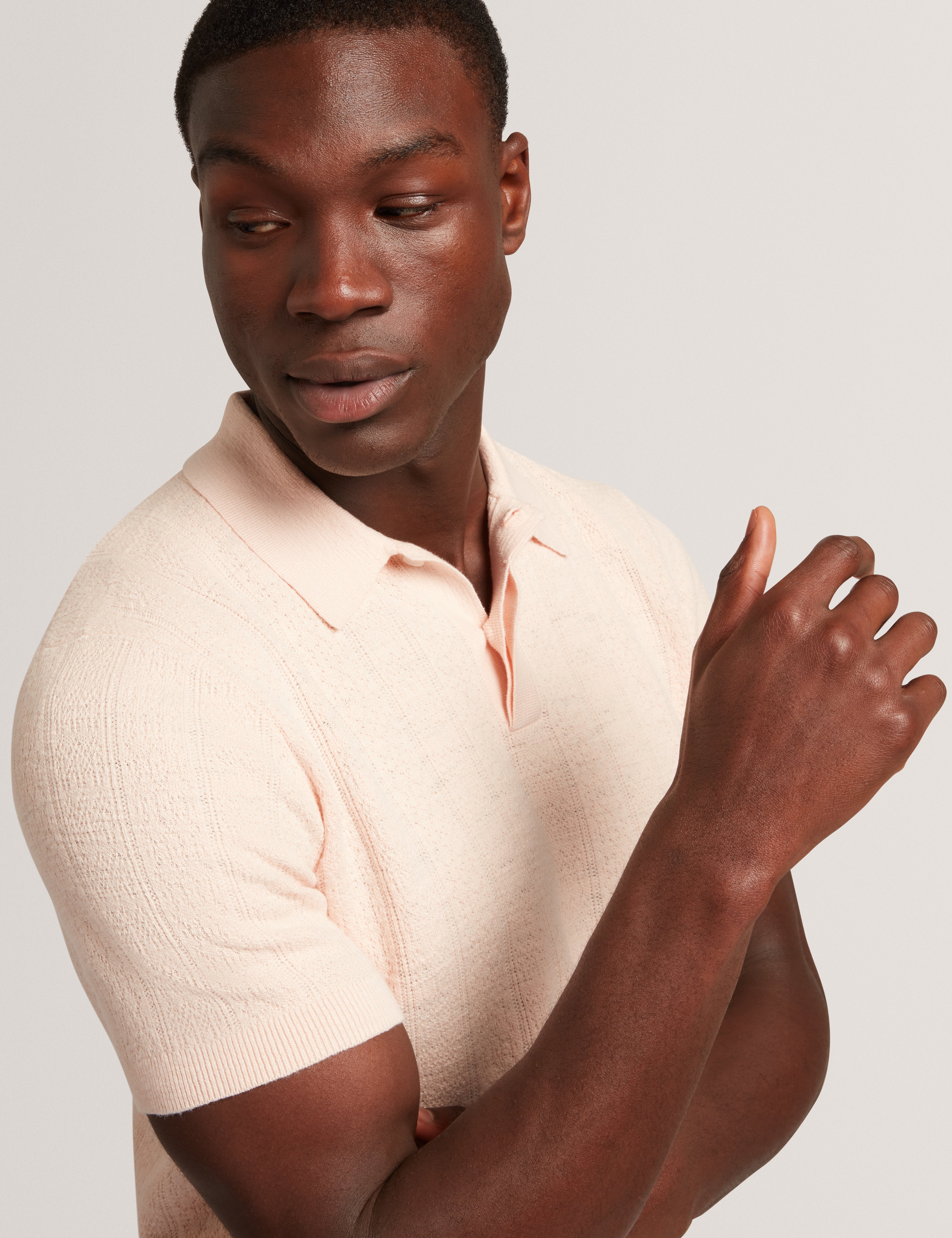 Edgard Short Sleeve Mixed Stitch Button Neck Polo Dusky-Pink