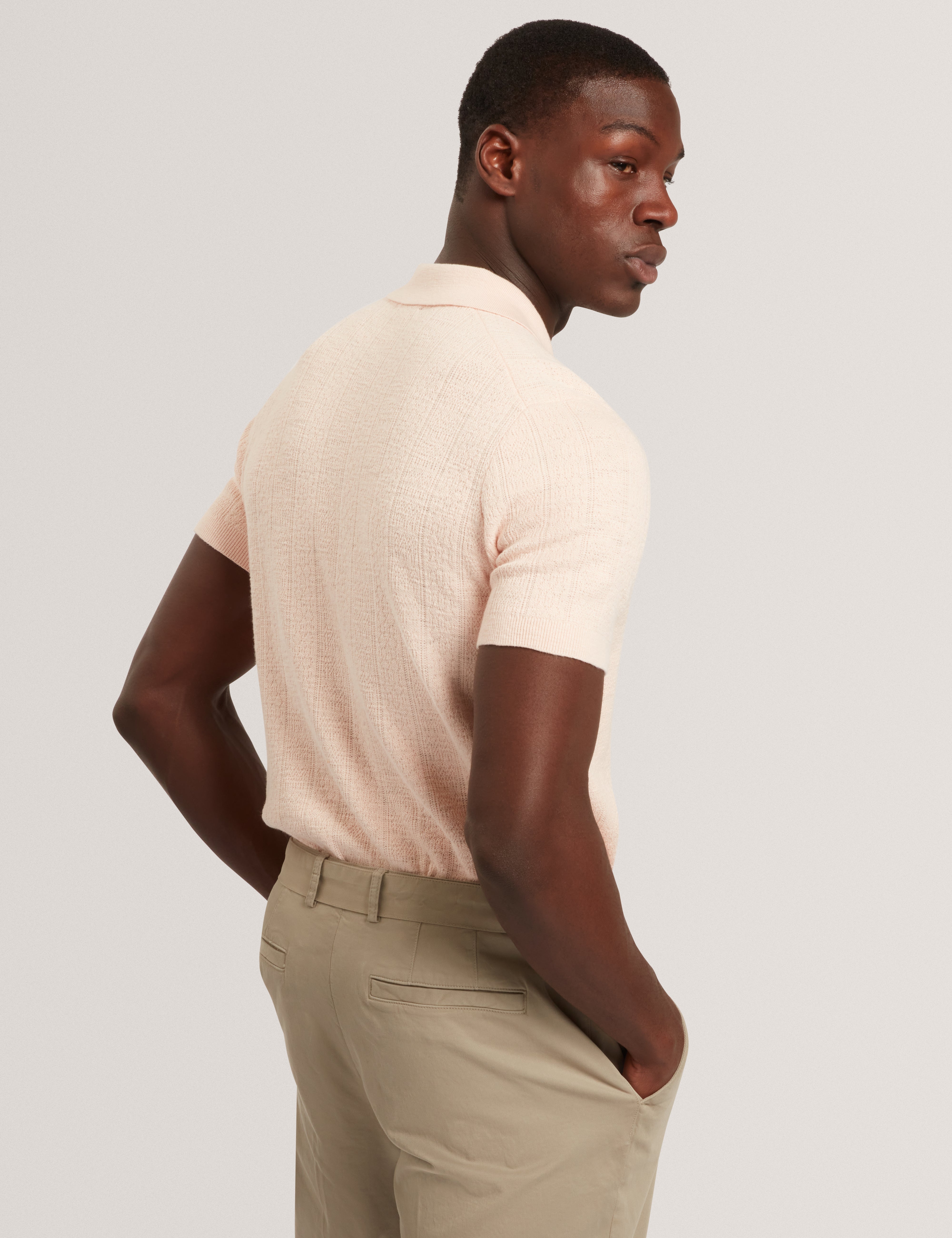 Edgard Short Sleeve Mixed Stitch Button Neck Polo Dusky-Pink
