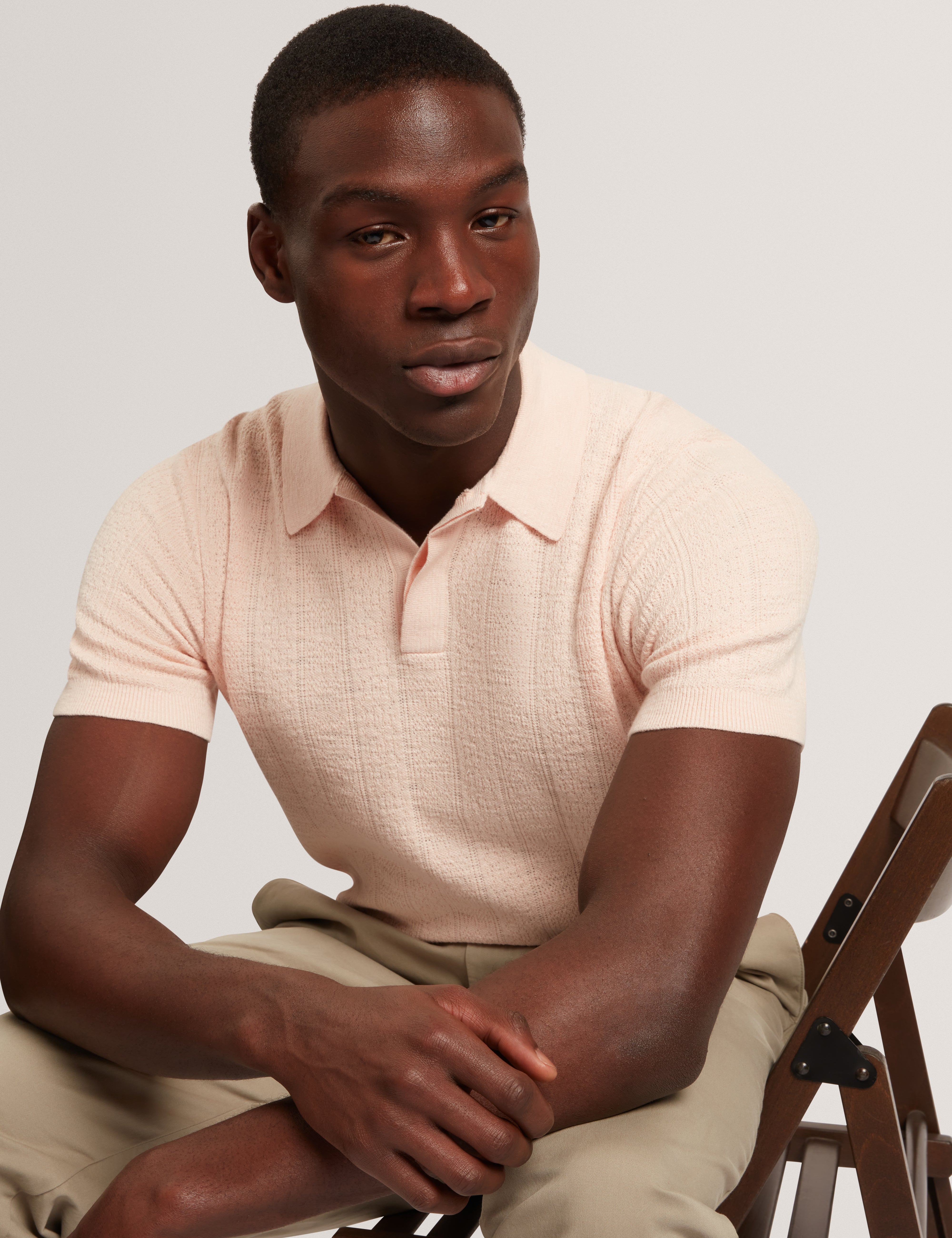 Edgard Short Sleeve Mixed Stitch Button Neck Polo Dusky-Pink