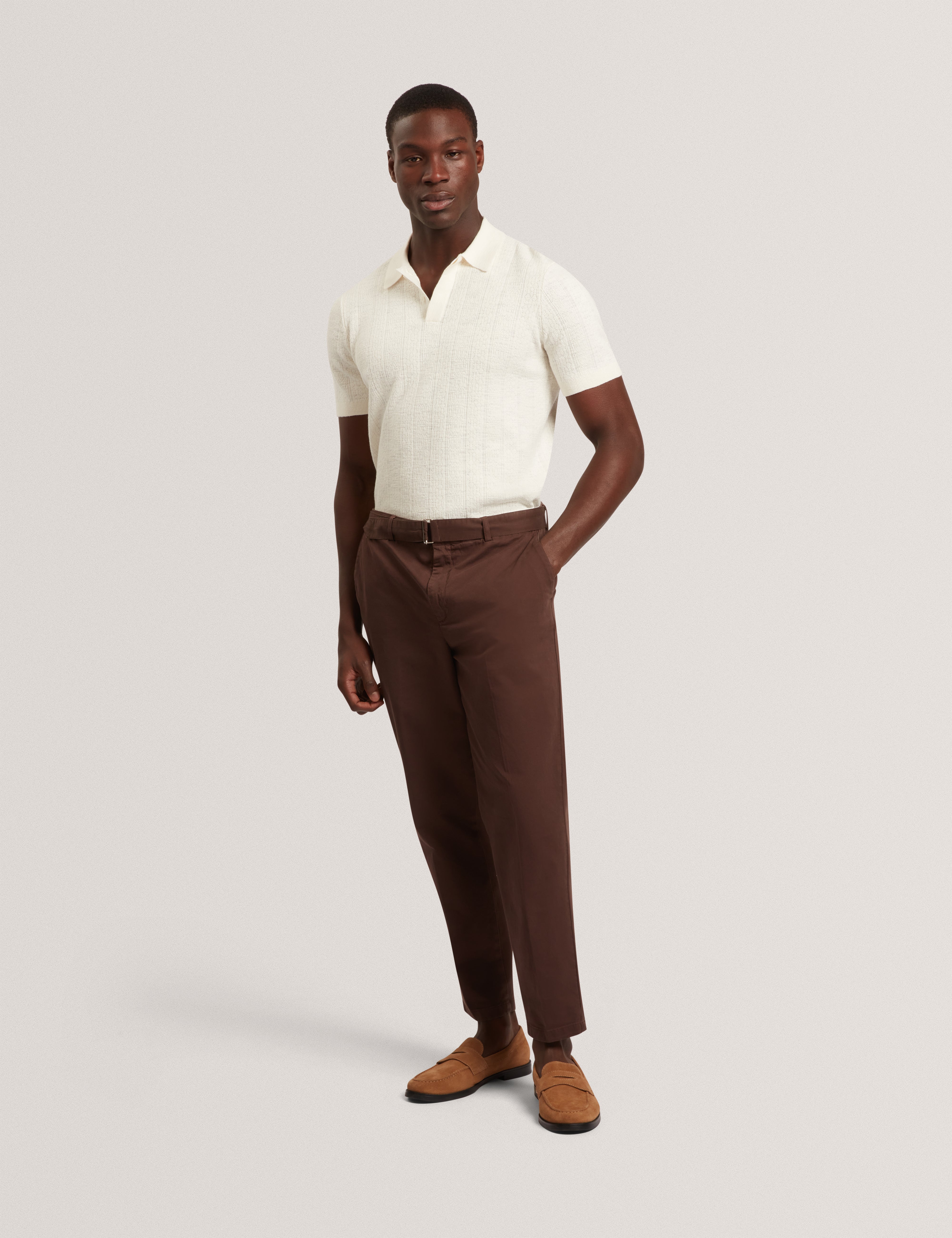 Edgard Short Sleeve Mixed Stitch Button Neck Polo Ecru