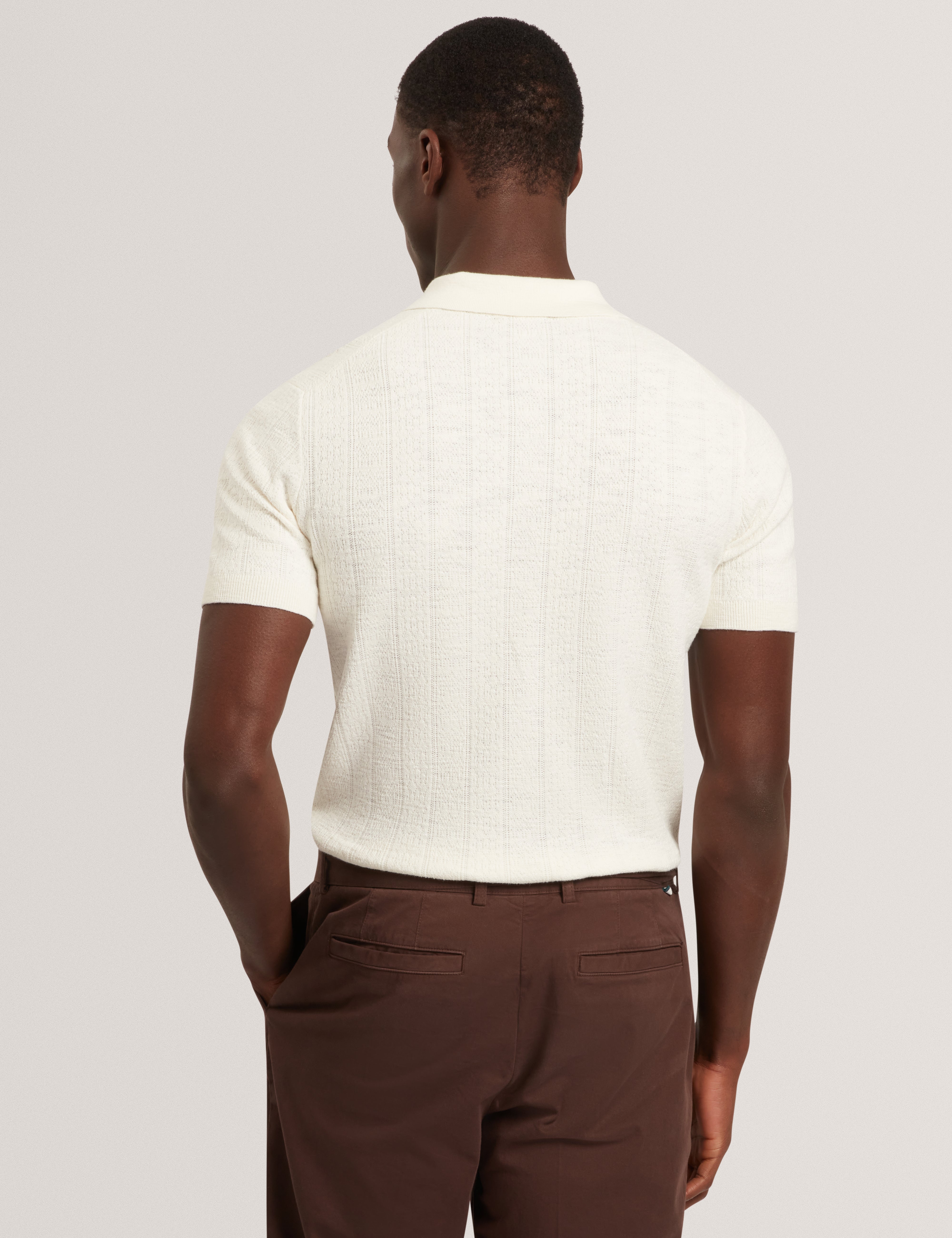 Edgard Short Sleeve Mixed Stitch Button Neck Polo Ecru