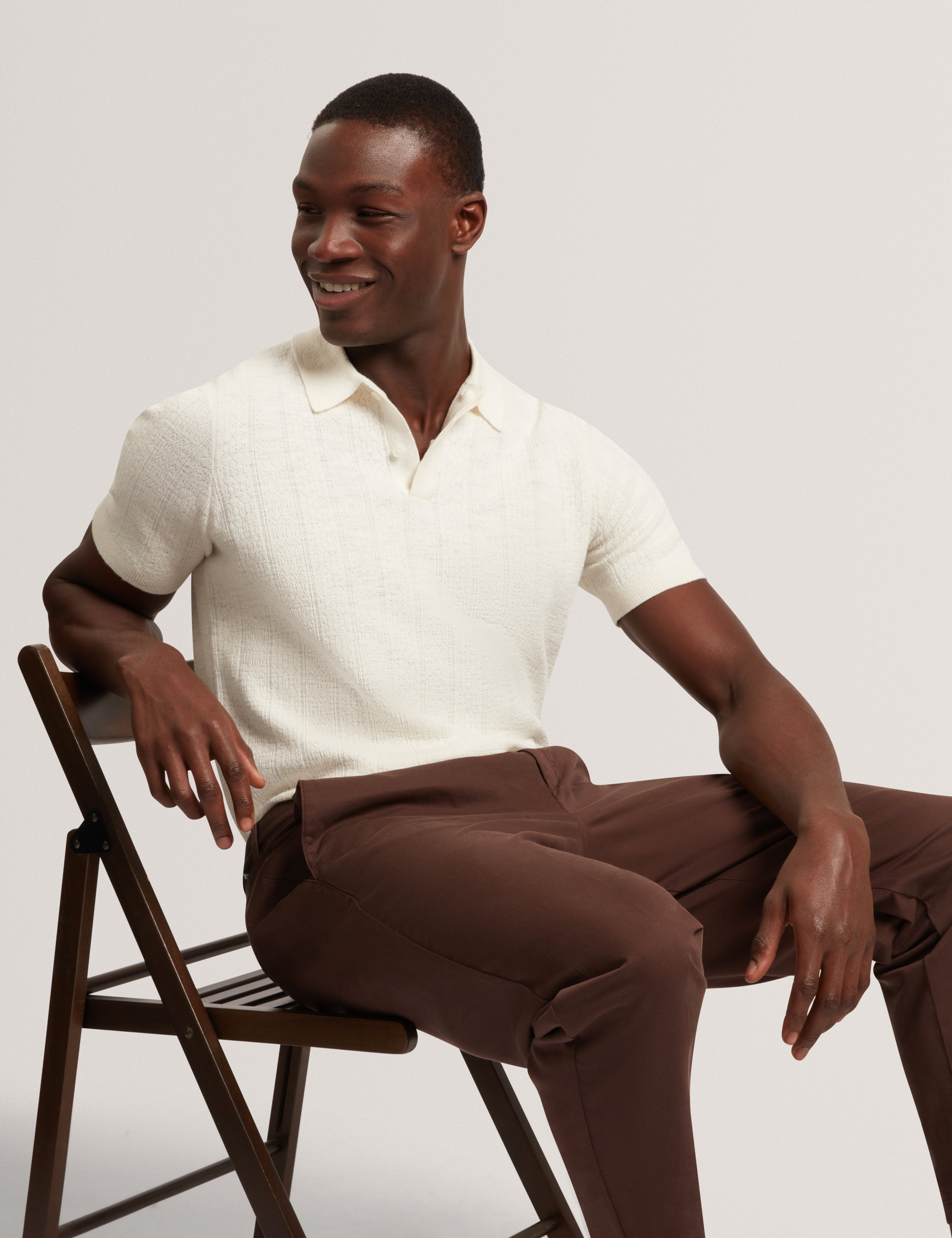 Edgard Short Sleeve Mixed Stitch Button Neck Polo Ecru