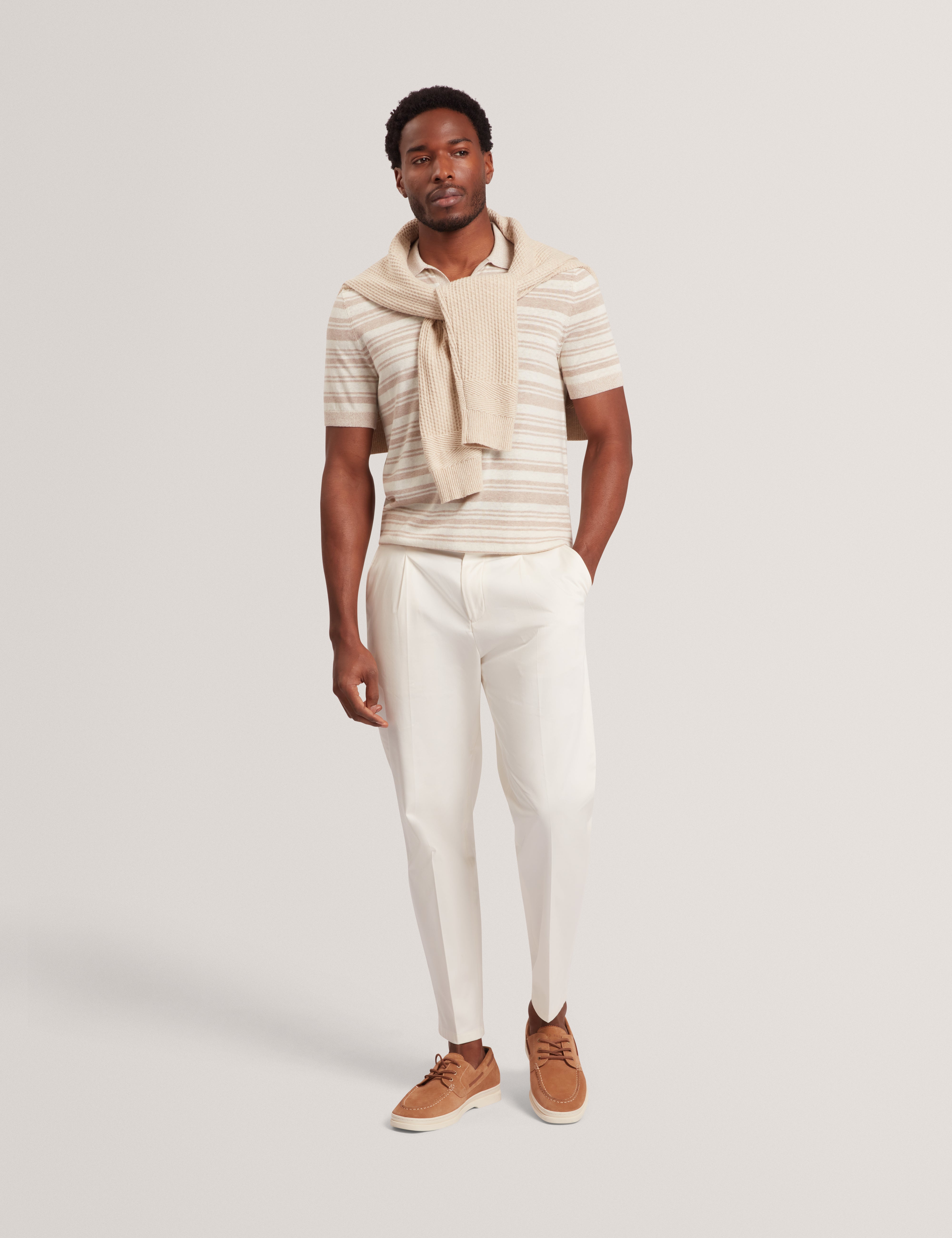 Brodi Linen Blend Stripe Knitted Polo Ecru