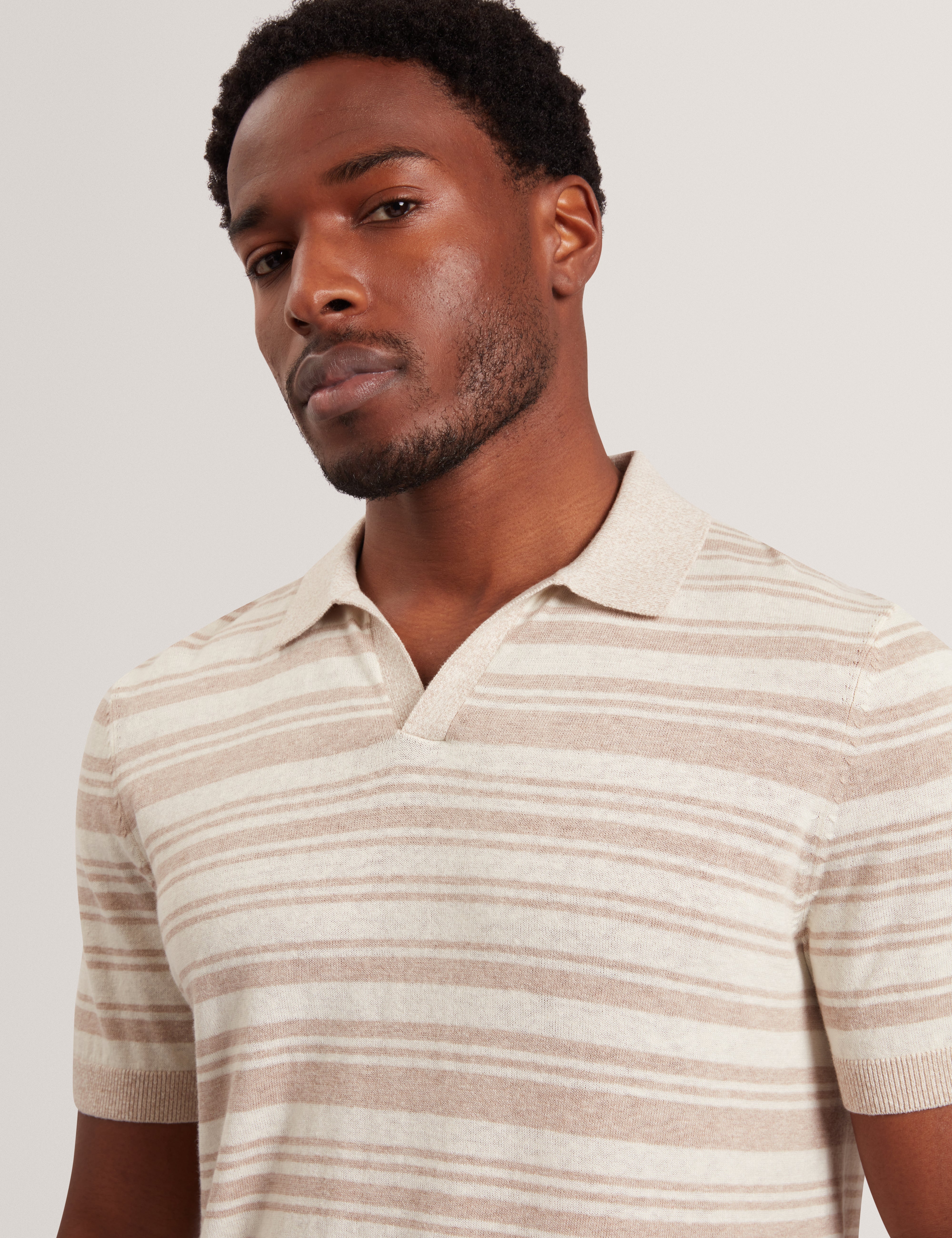 Brodi Linen Blend Stripe Knitted Polo Ecru
