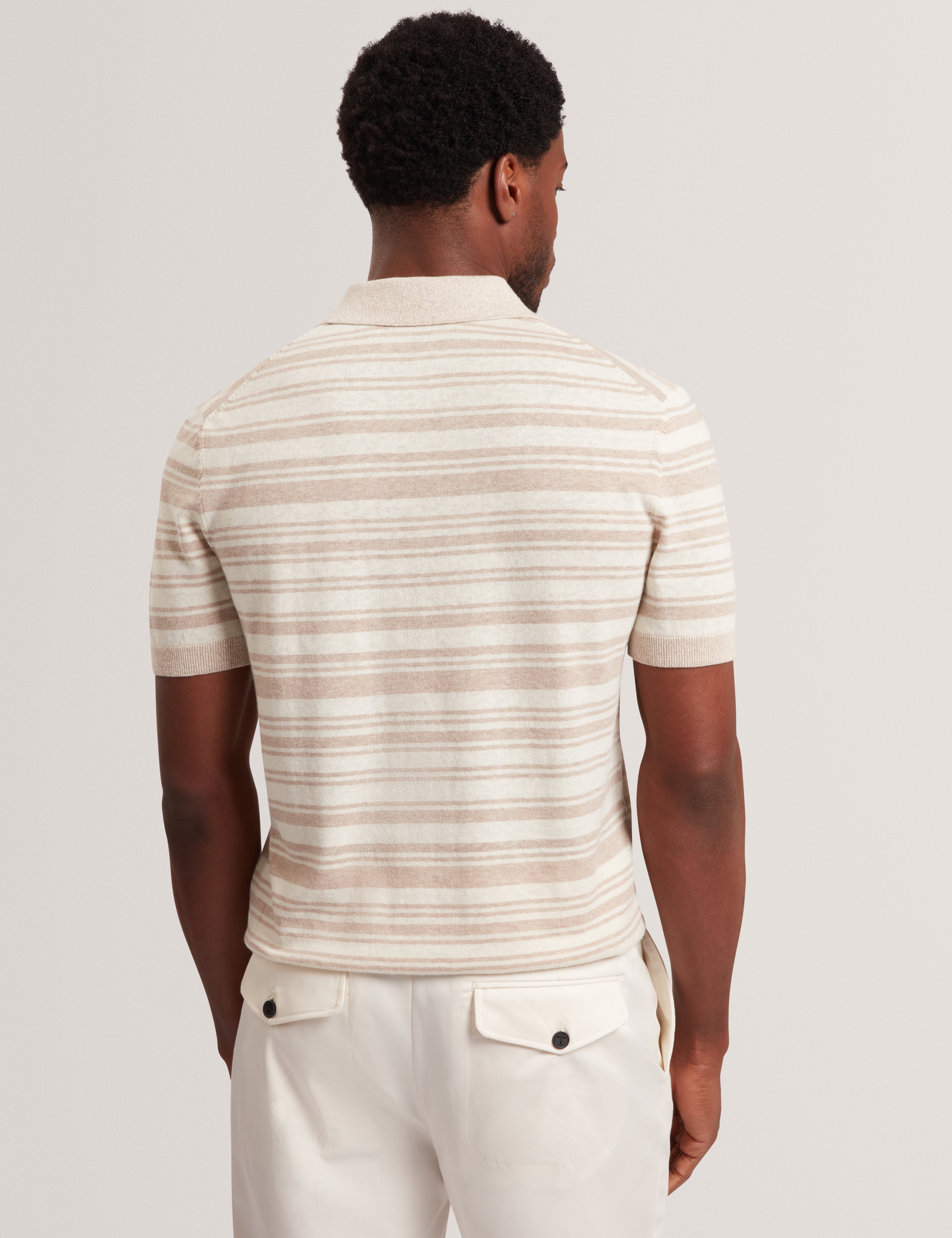 Brodi Linen Blend Stripe Knitted Polo Ecru